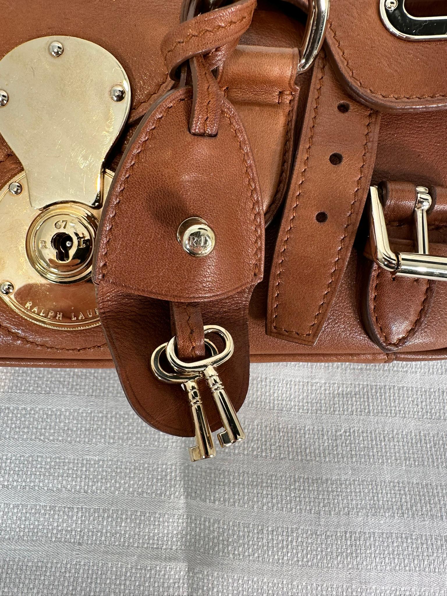 Ralph Lauren Ricky Shoulder Bag Chain Handles Cognac Leather Gold Hardware 12
