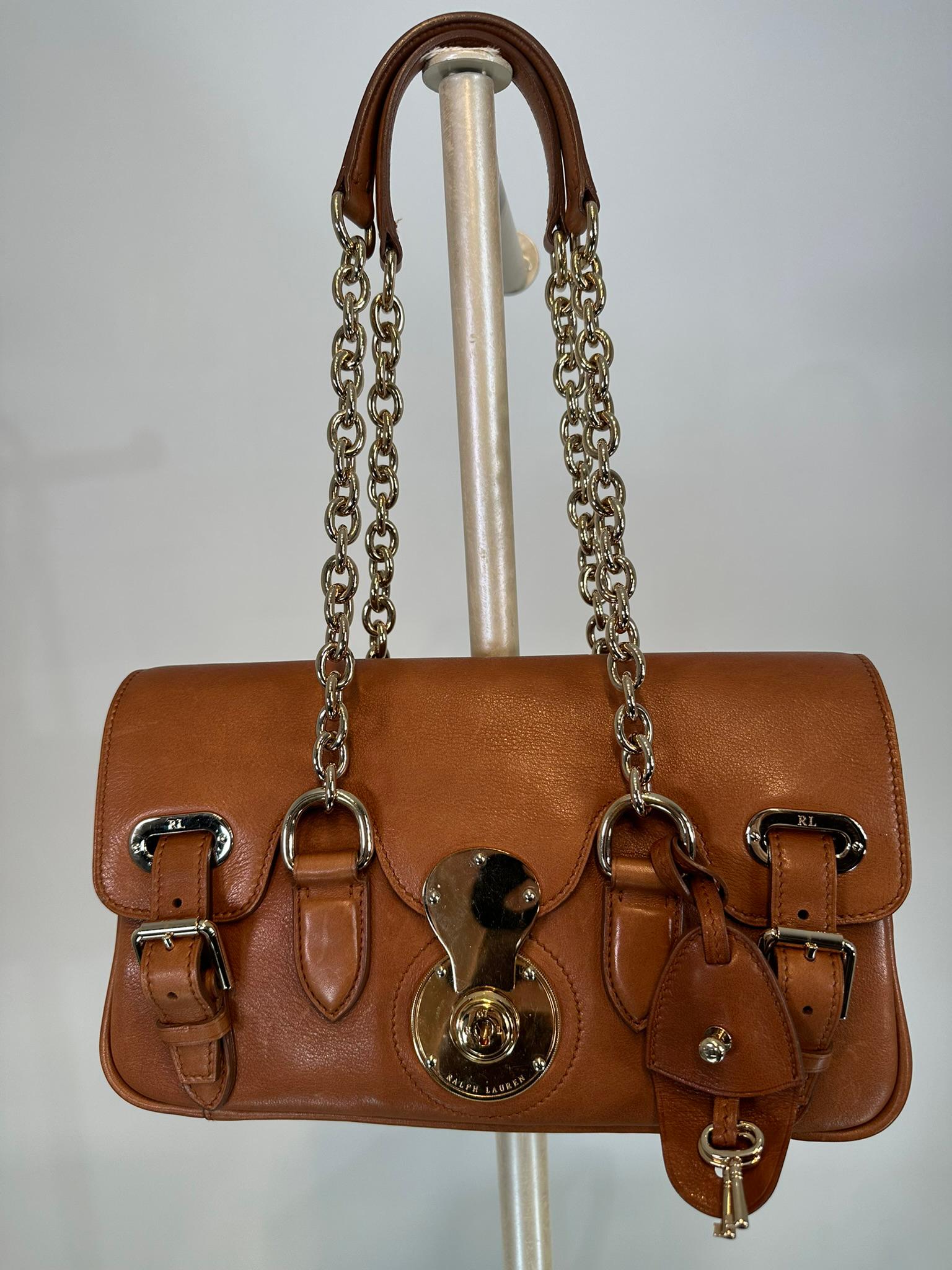 Ralph Lauren Ricky Shoulder Bag Chain Handles Cognac Leather Gold Hardware 13