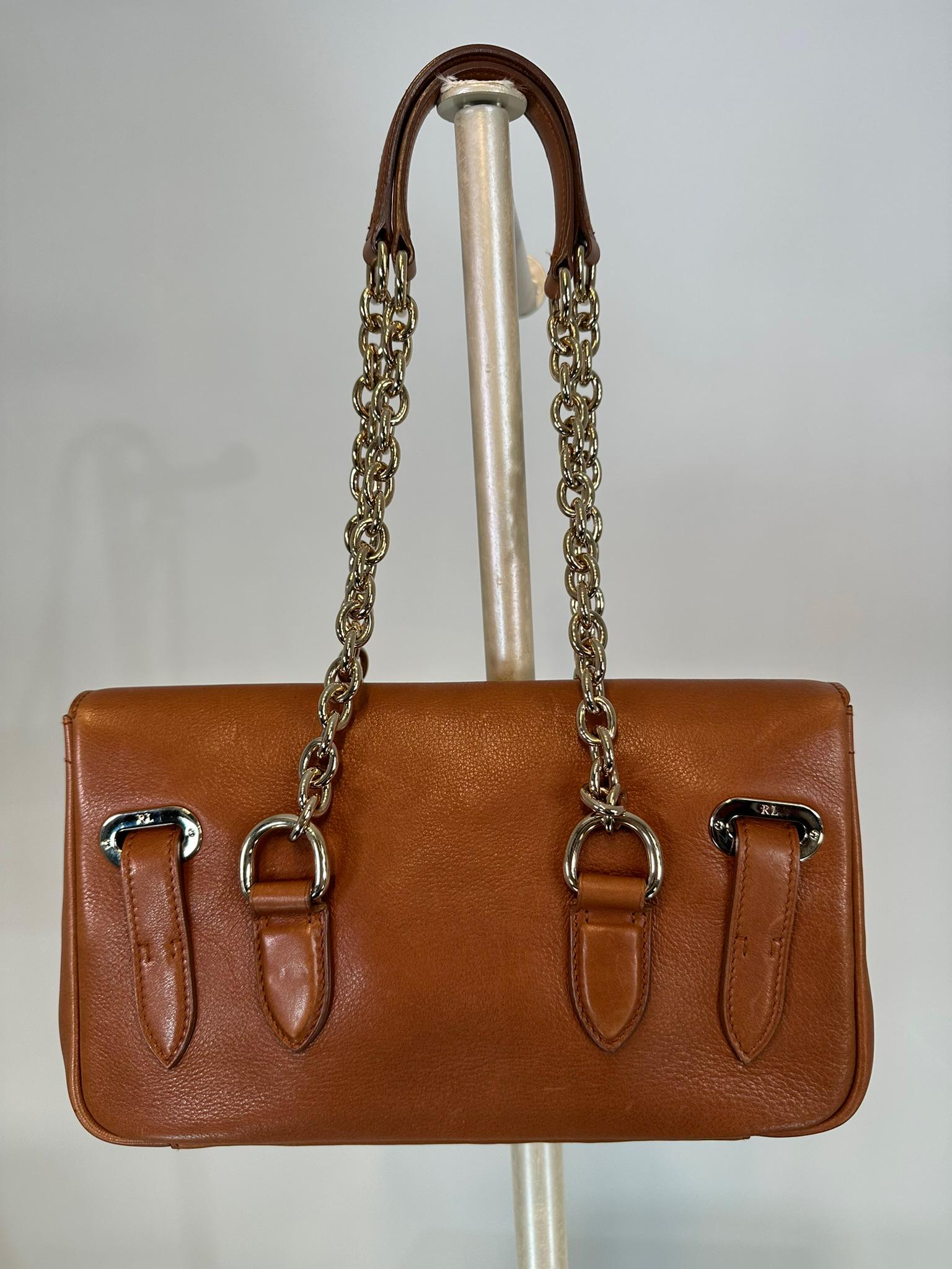 Brown Ralph Lauren Ricky Shoulder Bag Chain Handles Cognac Leather Gold Hardware