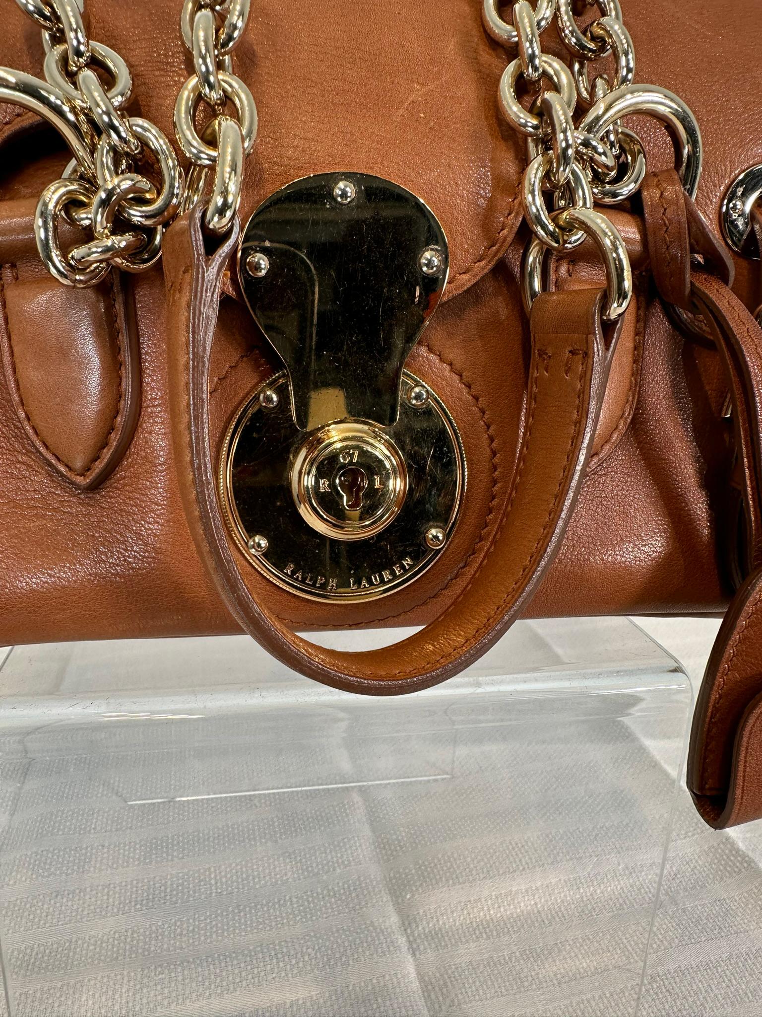 Ralph Lauren Ricky Shoulder Bag Chain Handles Cognac Leather Gold Hardware In Good Condition In West Palm Beach, FL