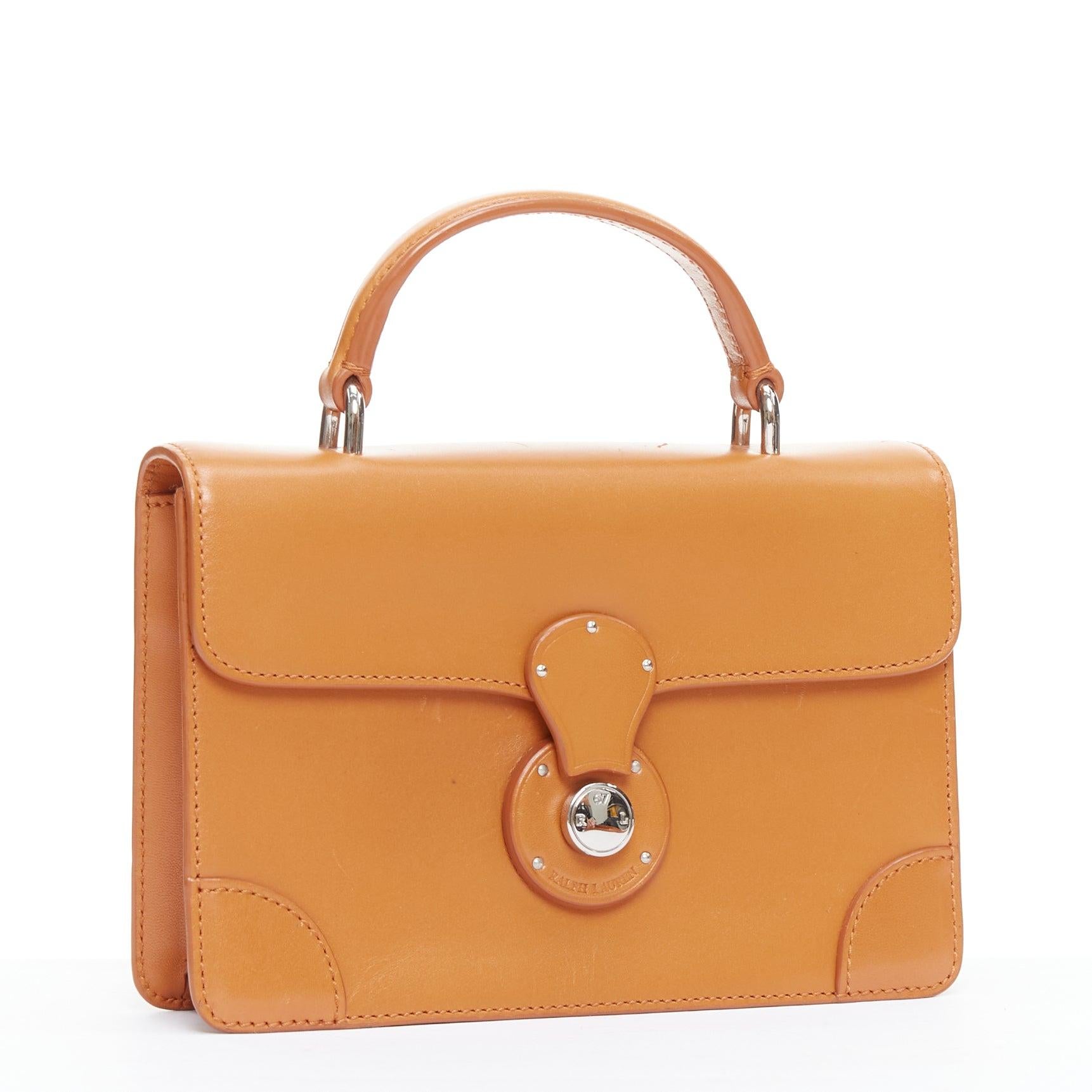 Orange RALPH LAUREN Ricky tan leather silver hardware top handle crossbody satchel bag