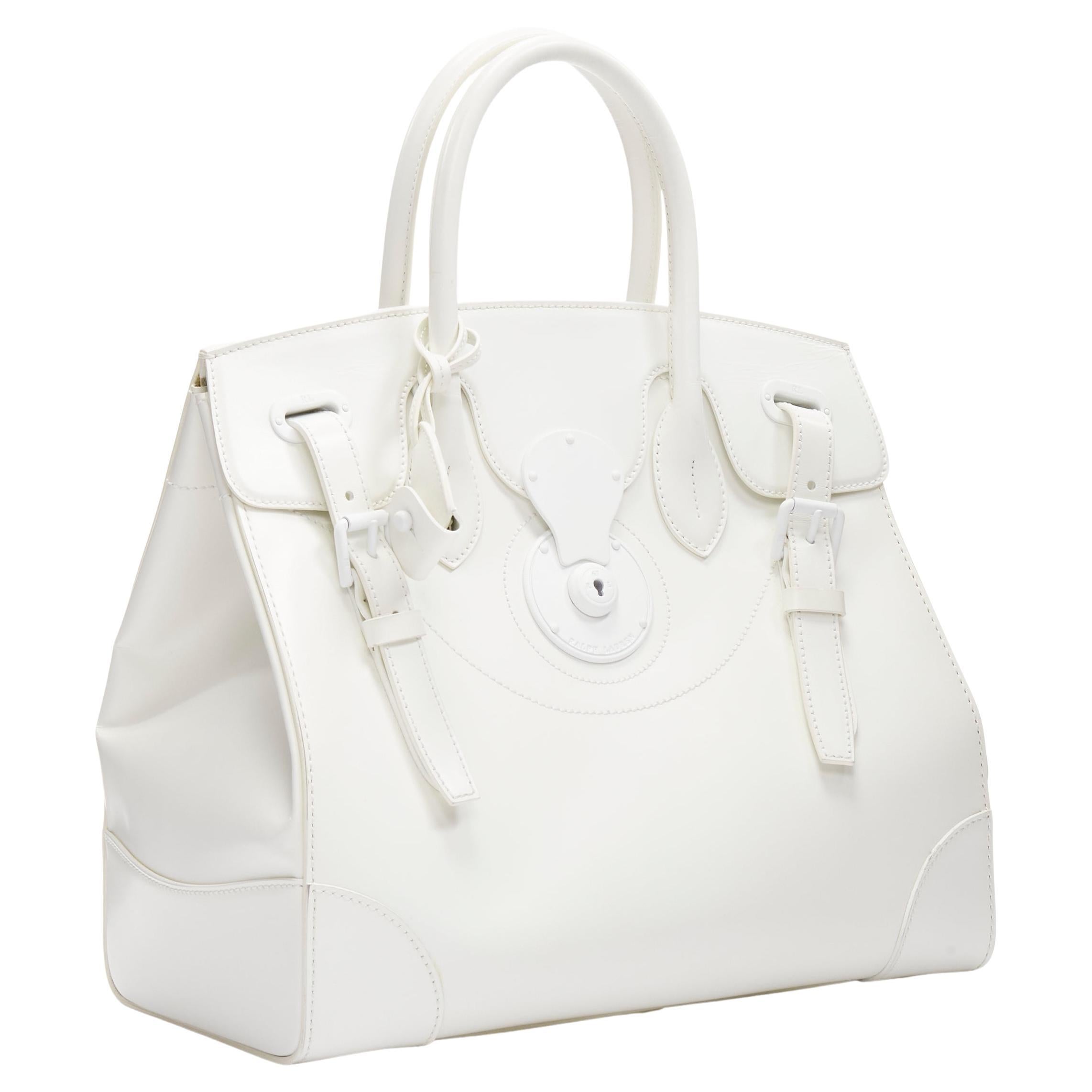 RALPH LAUREN Ricky white smooth leather tonal buckles top handle bag