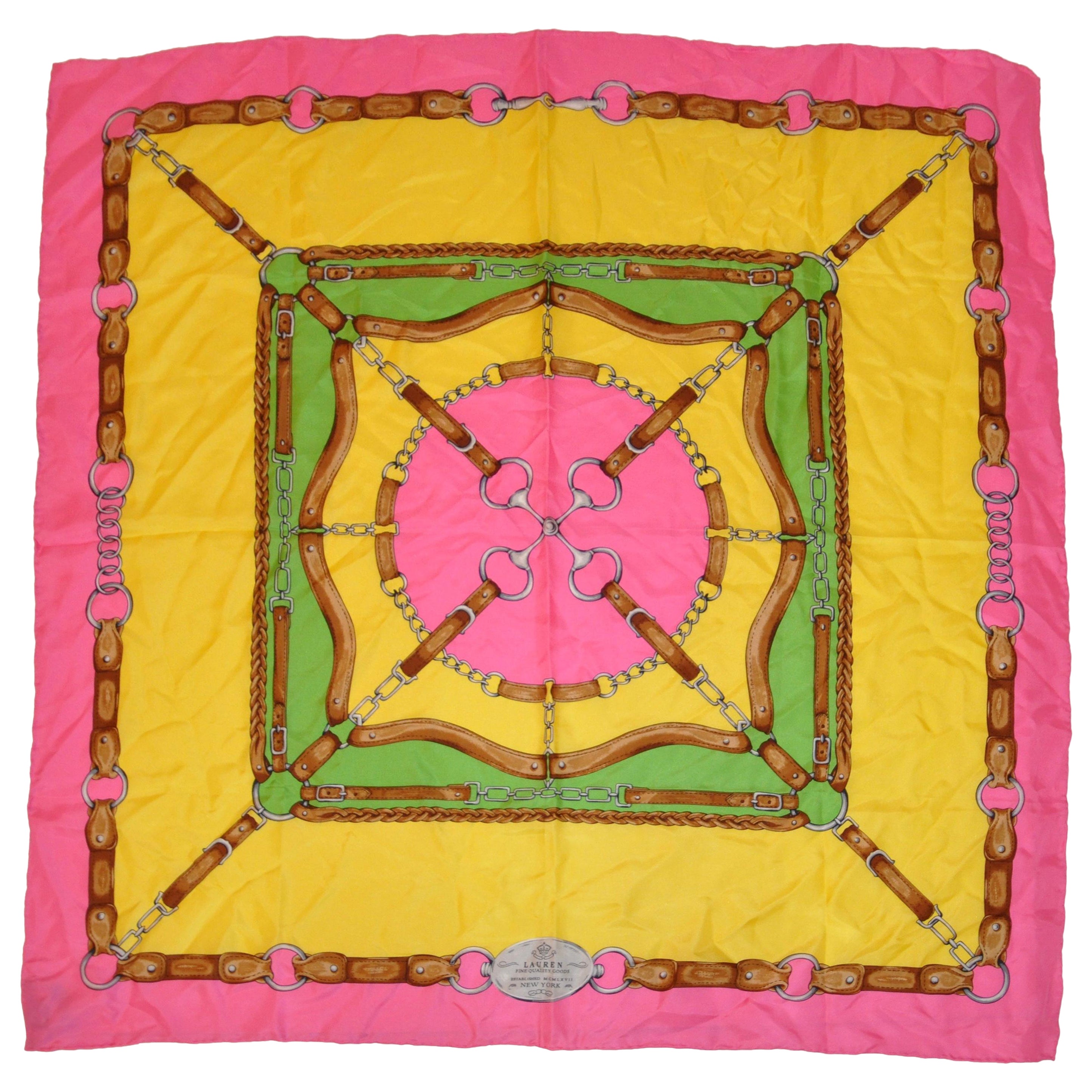 Écharpe en jacquard de soie « Horsebit » rose, olive et jaune Ralph Lauren en vente