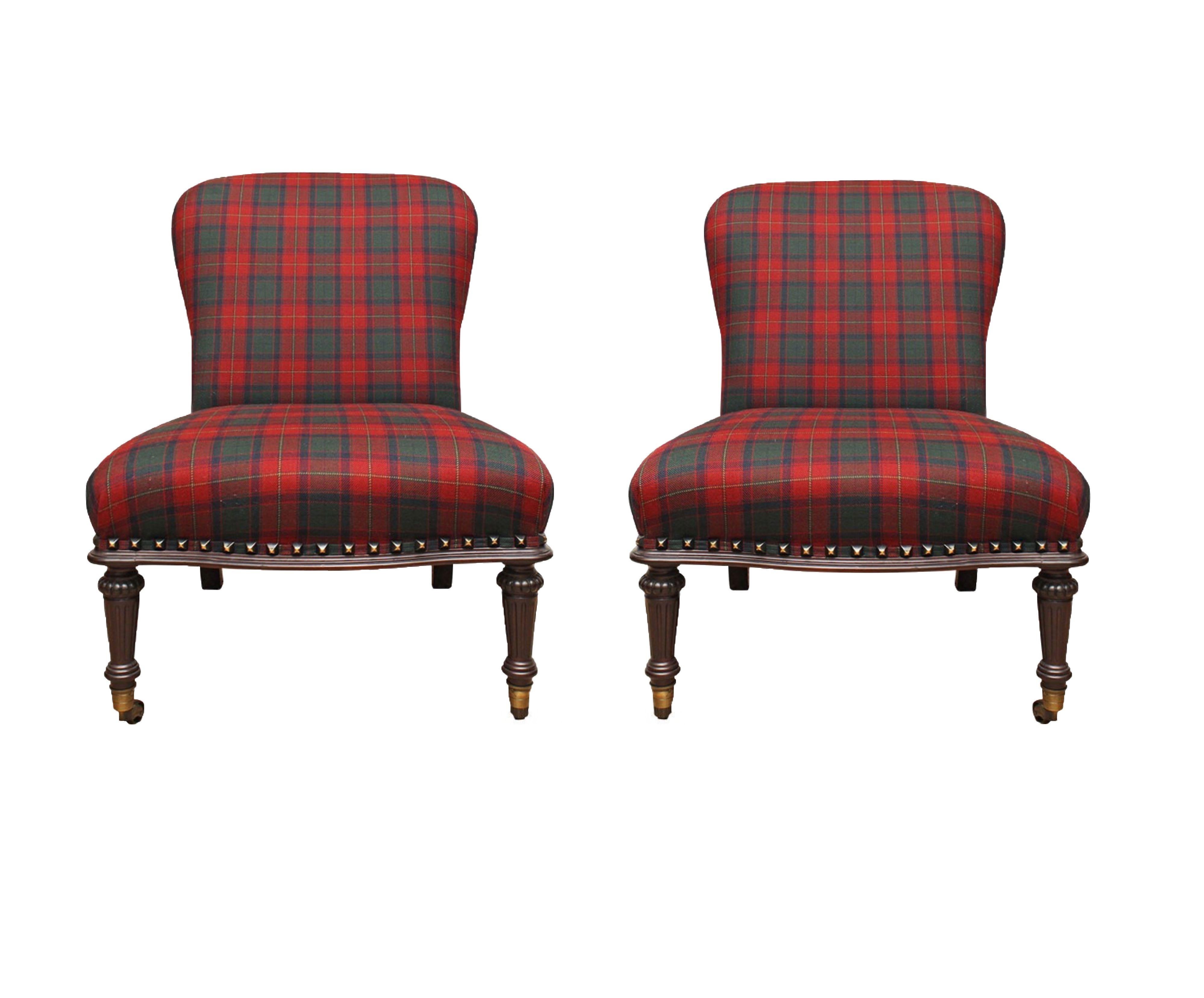 Ralph Lauren round-back slipper chair, mahogany bade, antiqued brass, red plaid textile. Timeless, preternaturally fresh design in gorgeous red plaid textile. Labelled. Two available. Listing is for one.