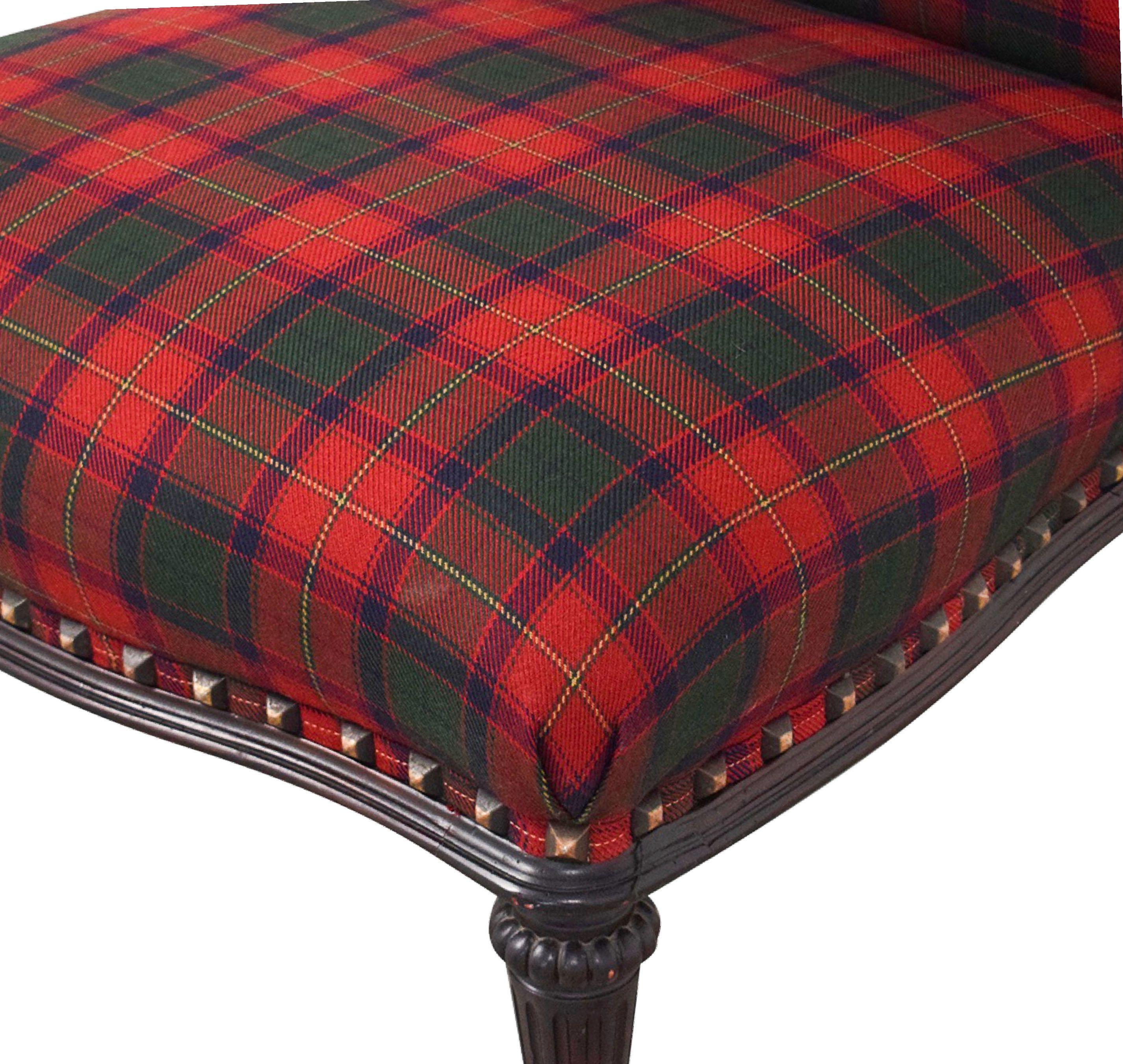 Neoclassical Revival Ralph Lauren Round-Back Slipper Chair, Mahogany Bade, Antiqued Brass, Red Plaid