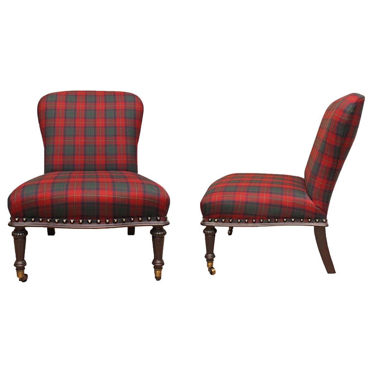 Ralph Lauren Round-Back Slipper Chair, Mahogany Bade, Antiqued Brass, Red Plaid