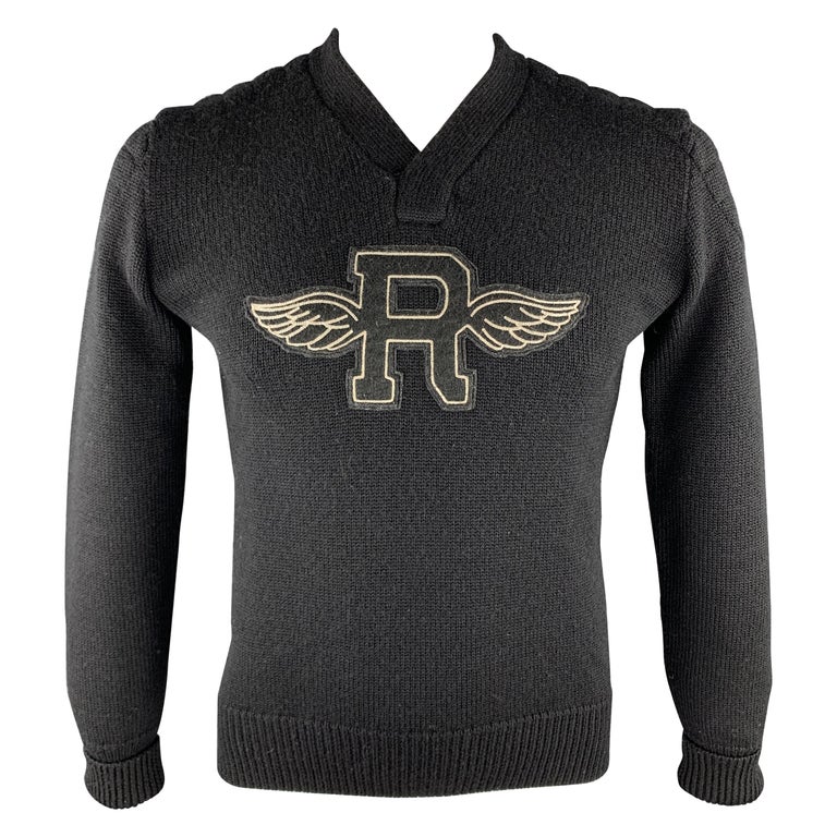 RALPH LAUREN RUGBY Size S Black Knitted Wool V-Neck Elbow Patch Pullover  Sweater at 1stDibs