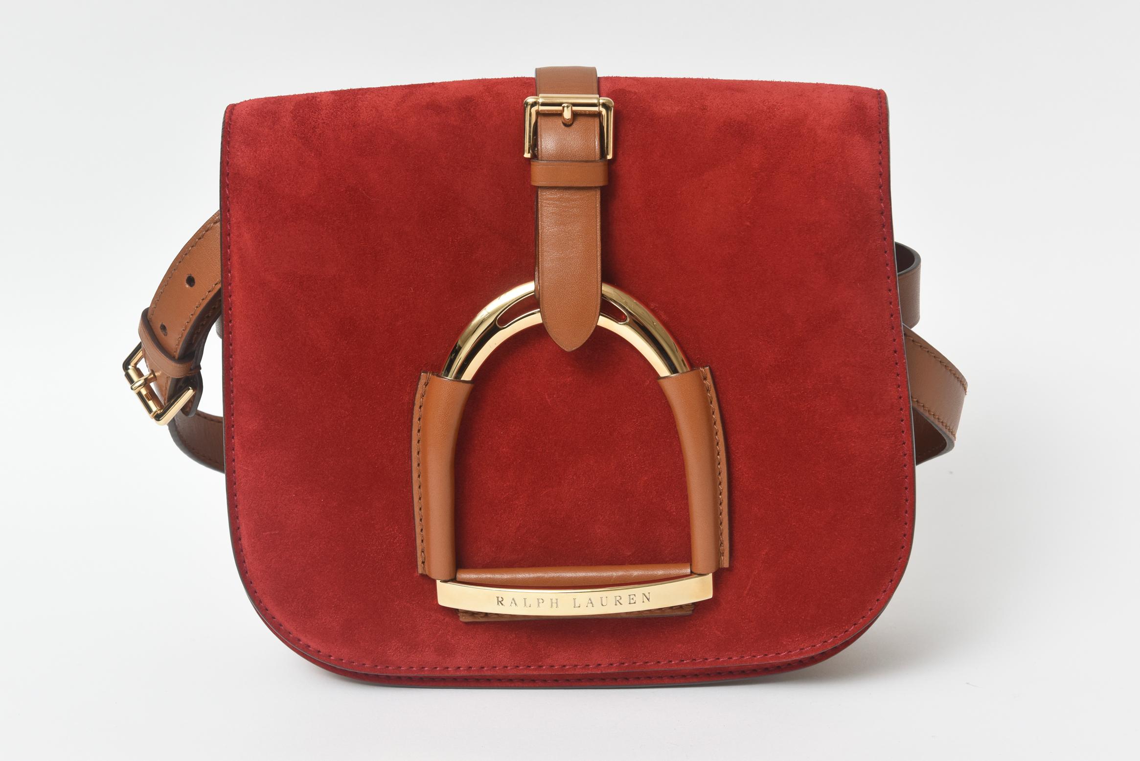 Ralph Lauren Runway Equestrian Stirrup Red Suede Brown Leather Shoulder Bag 1