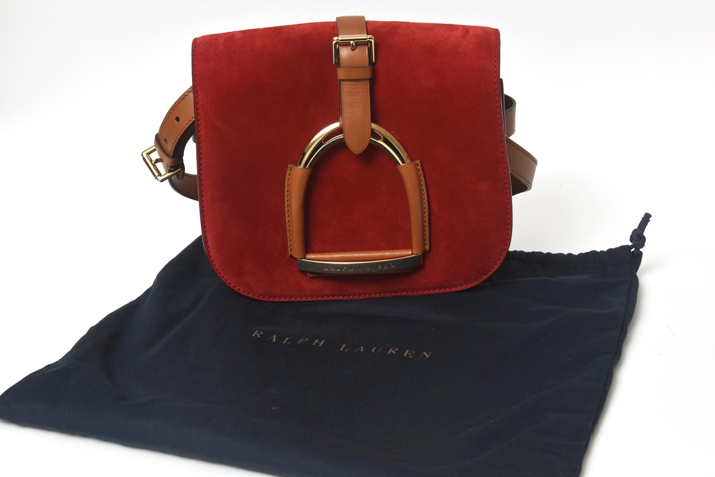Ralph Lauren Runway Equestrian Stirrup Red Suede Brown Leather Shoulder Bag 2