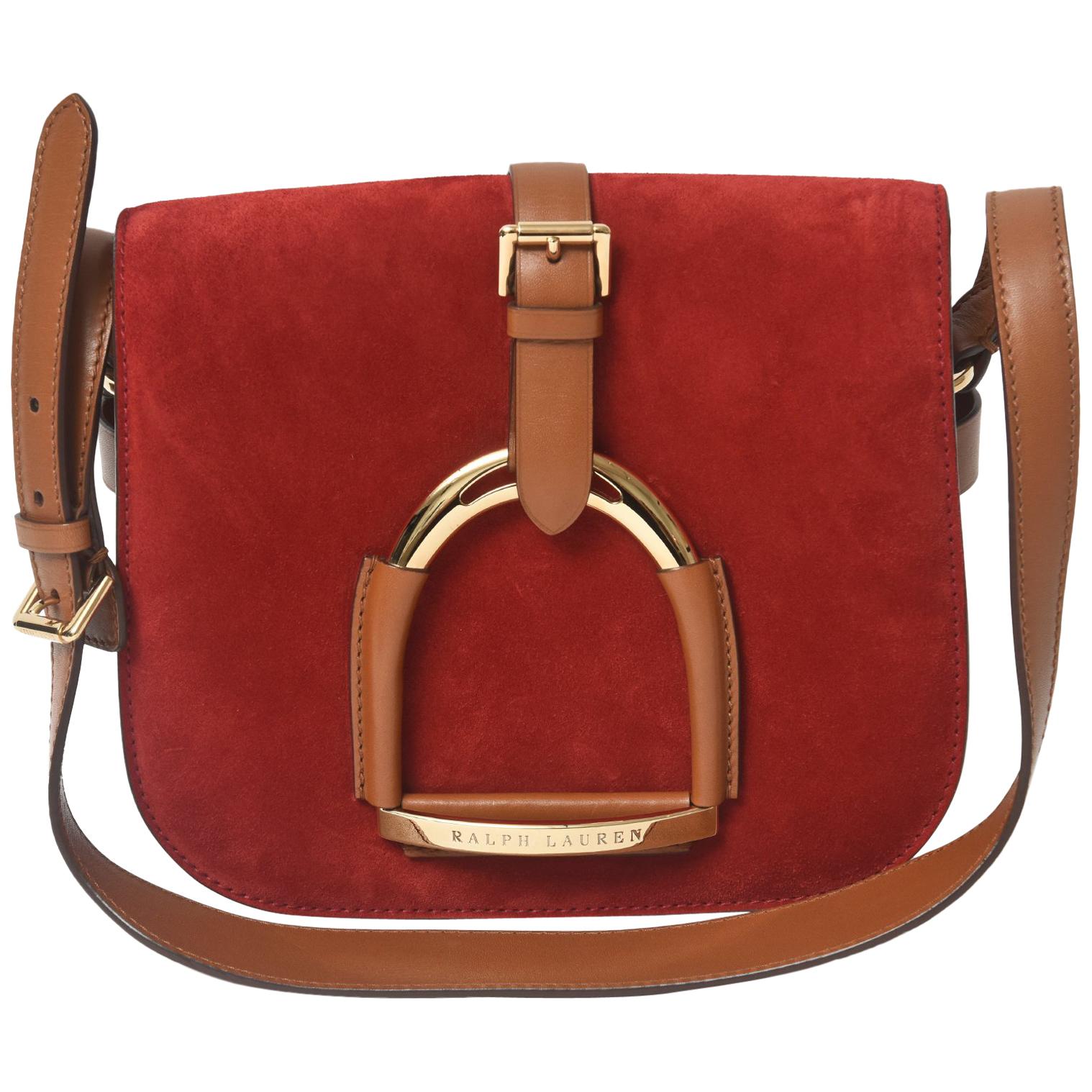 Ralph Lauren Runway Equestrian Stirrup Red Suede Brown Leather Shoulder Bag