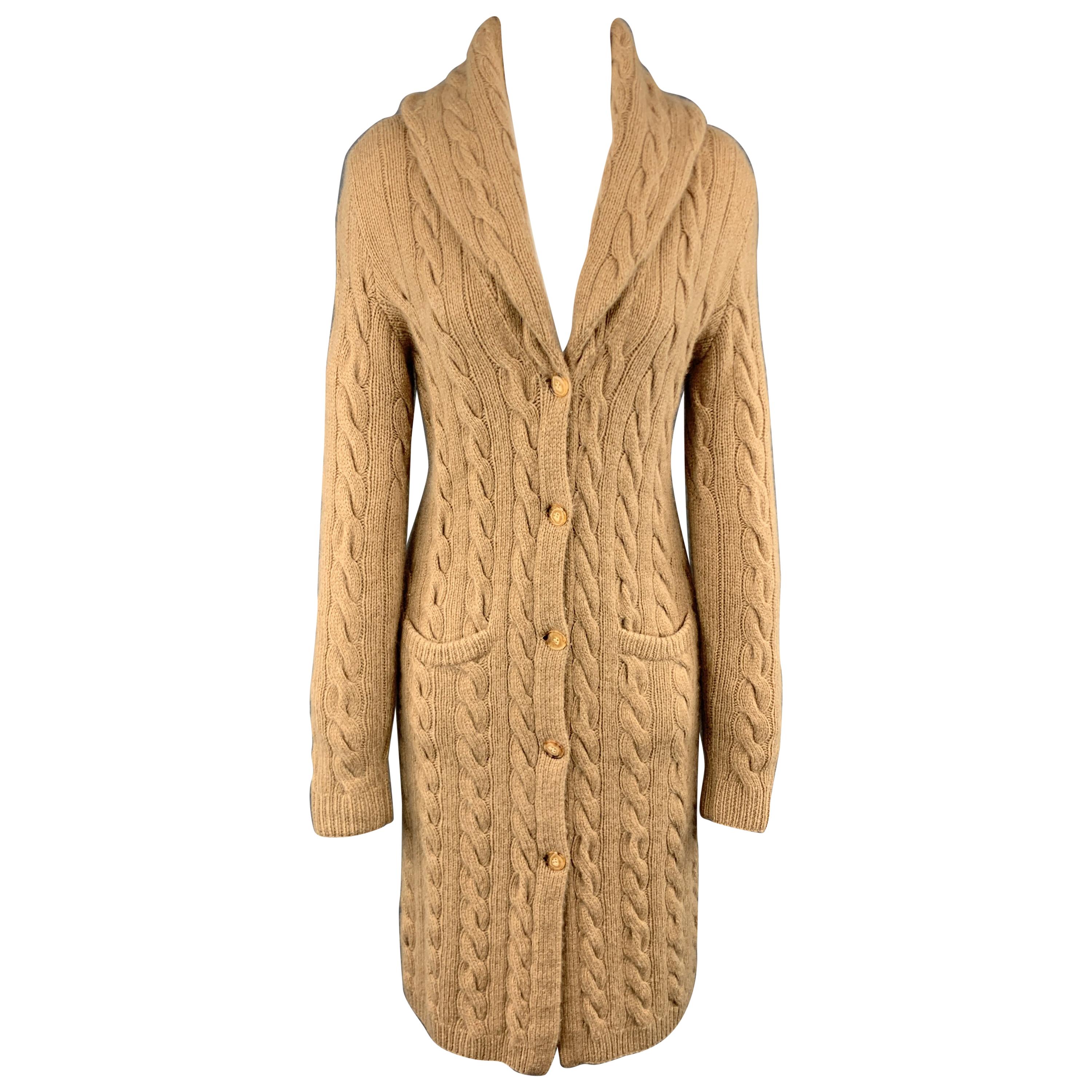 RALPH LAUREN S Camel Cashmere Cableknit Shawl Collar Long Line Cardigan