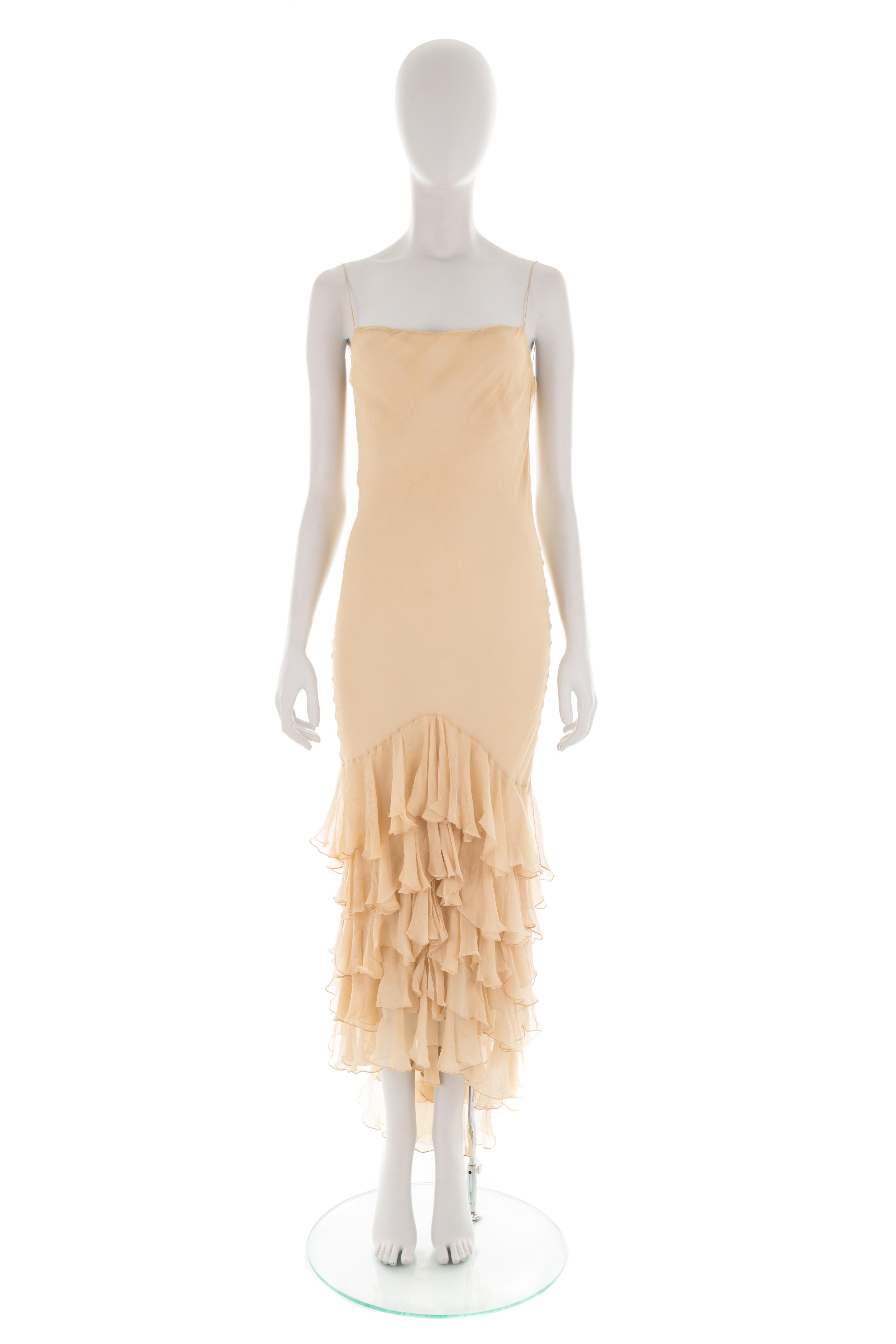 - Ralph Lauren spring-summer 2005 collection 
- Sold by Gold Palms Vintage
- Spaghetti straps
- Square neck
- Asymmetric ruffled mermaid tail
- Few stains on the ruffles, not visible when worn (reflected on the price) 
- Side zipper
- Size: US 4
