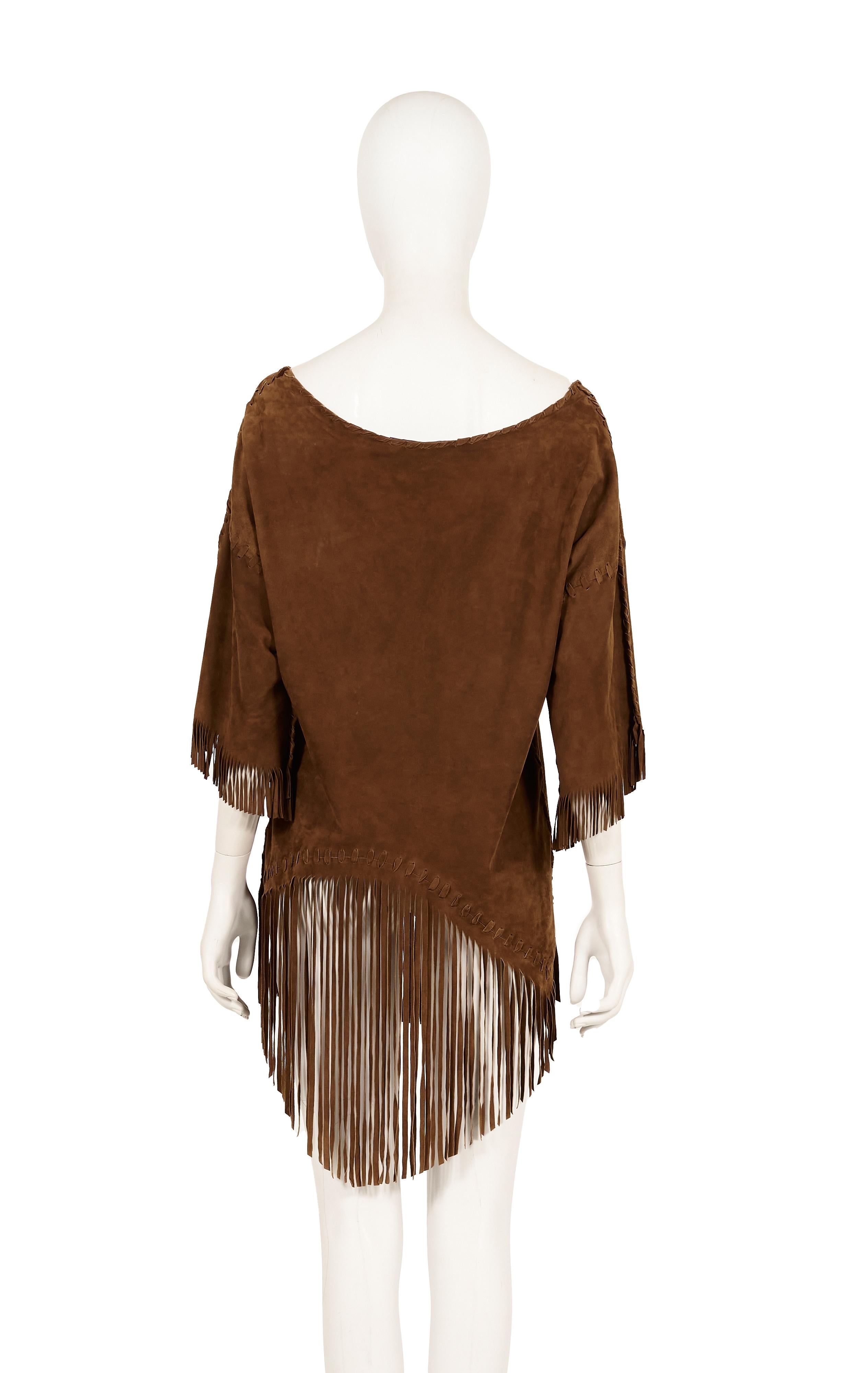 Brown Ralph Lauren S/S 2011 brown suede asymmetrical fringe top For Sale