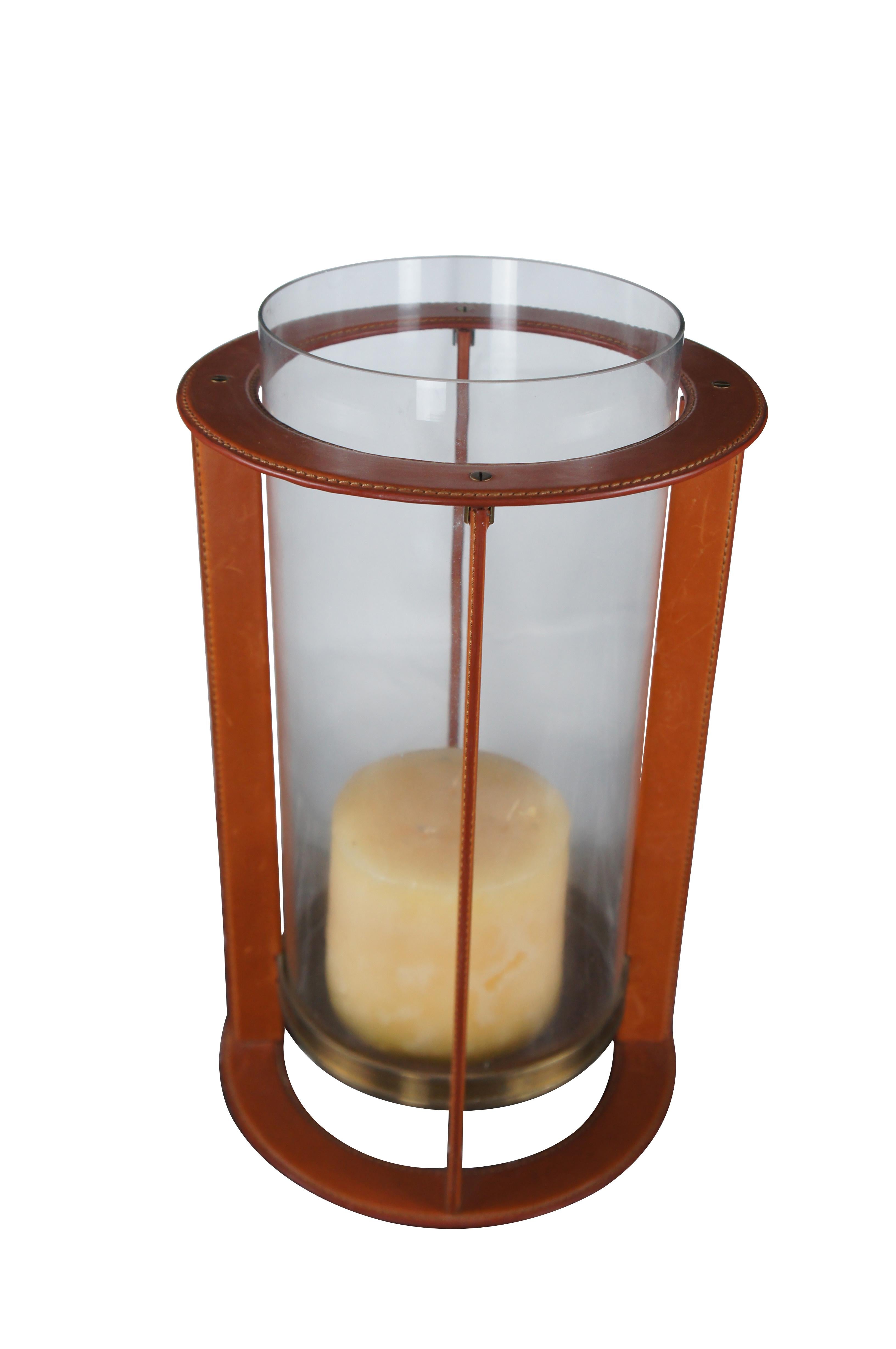 Modern Ralph Lauren Saddle Leather Brass Hurricane Candle Holder Glass Lantern RL 21