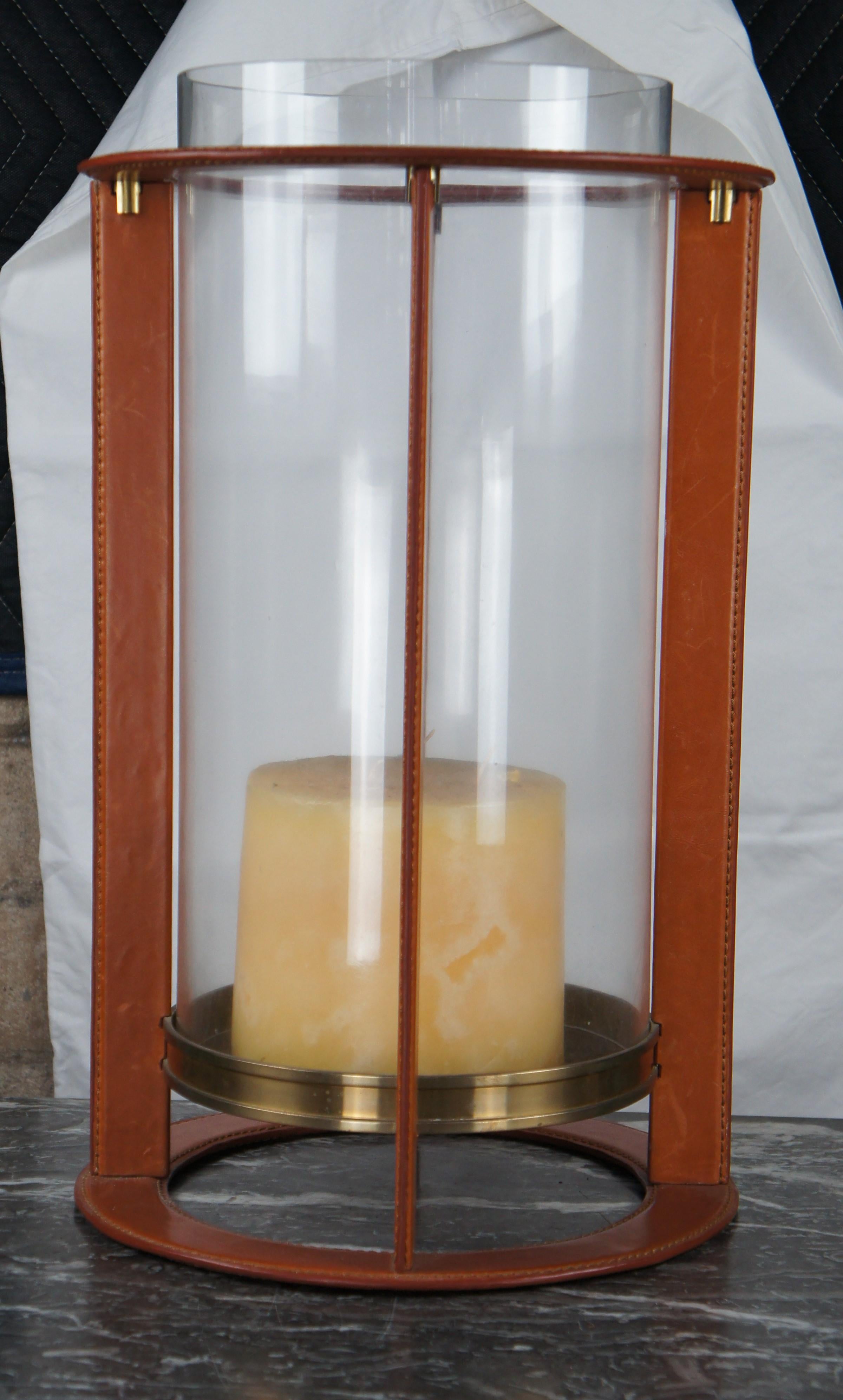 Modern Ralph Lauren Saddle Leather Brass Hurricane Candle Holder Glass Lantern RL 21