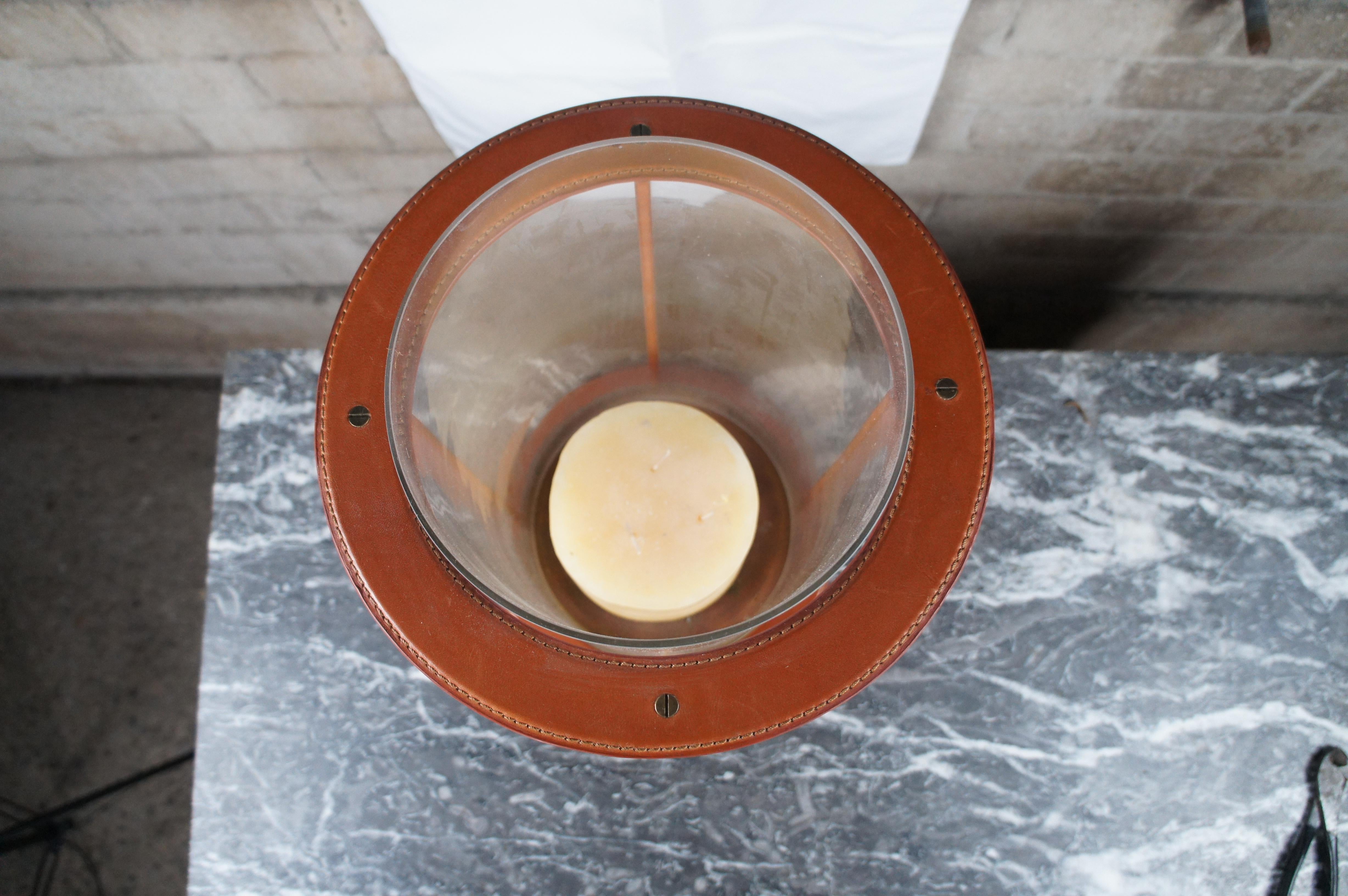 Ralph Lauren Saddle Leather Brass Hurricane Candle Holder Glass Lantern RL 21