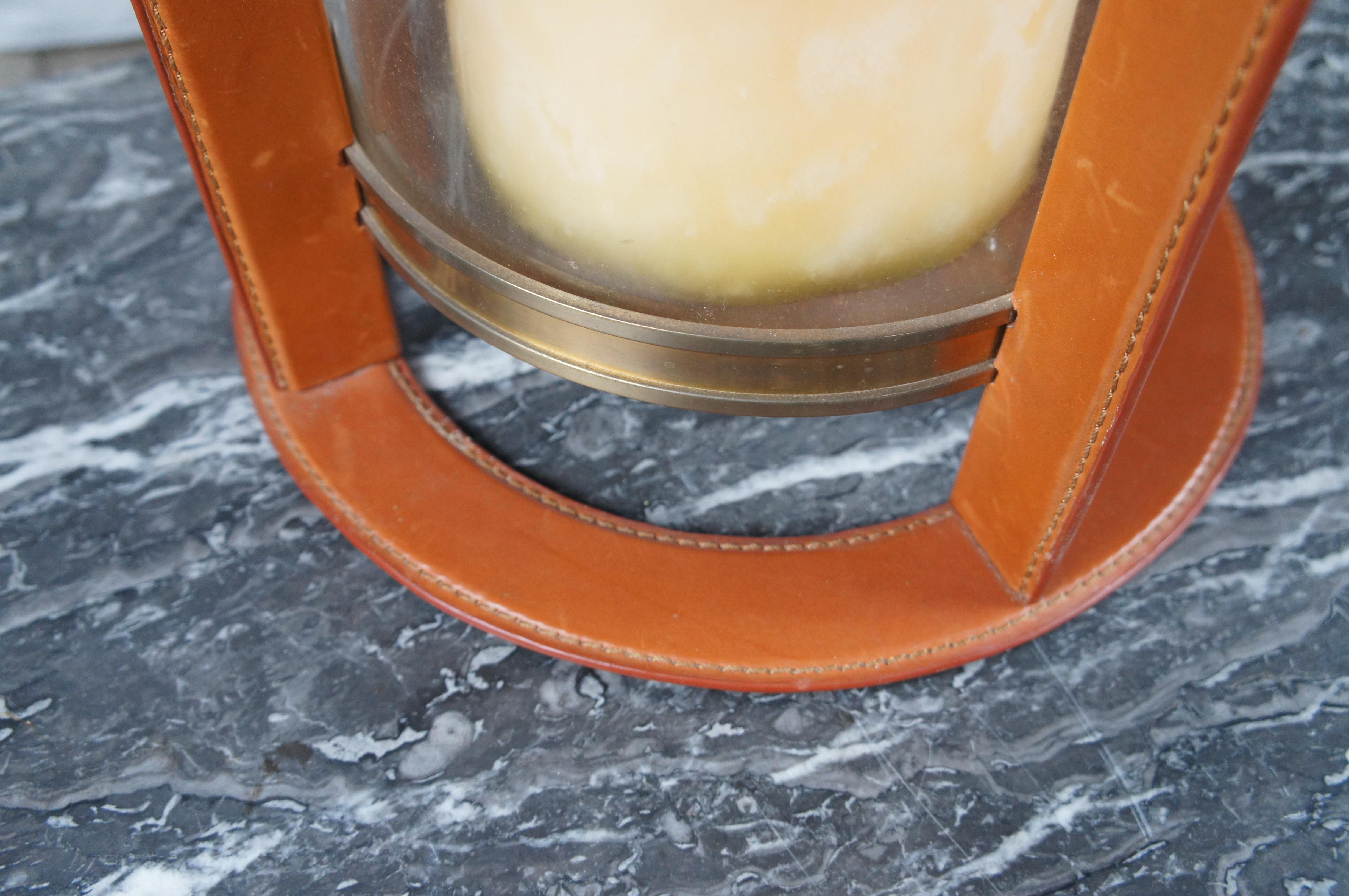 20th Century Ralph Lauren Saddle Leather Brass Hurricane Candle Holder Glass Lantern RL 21