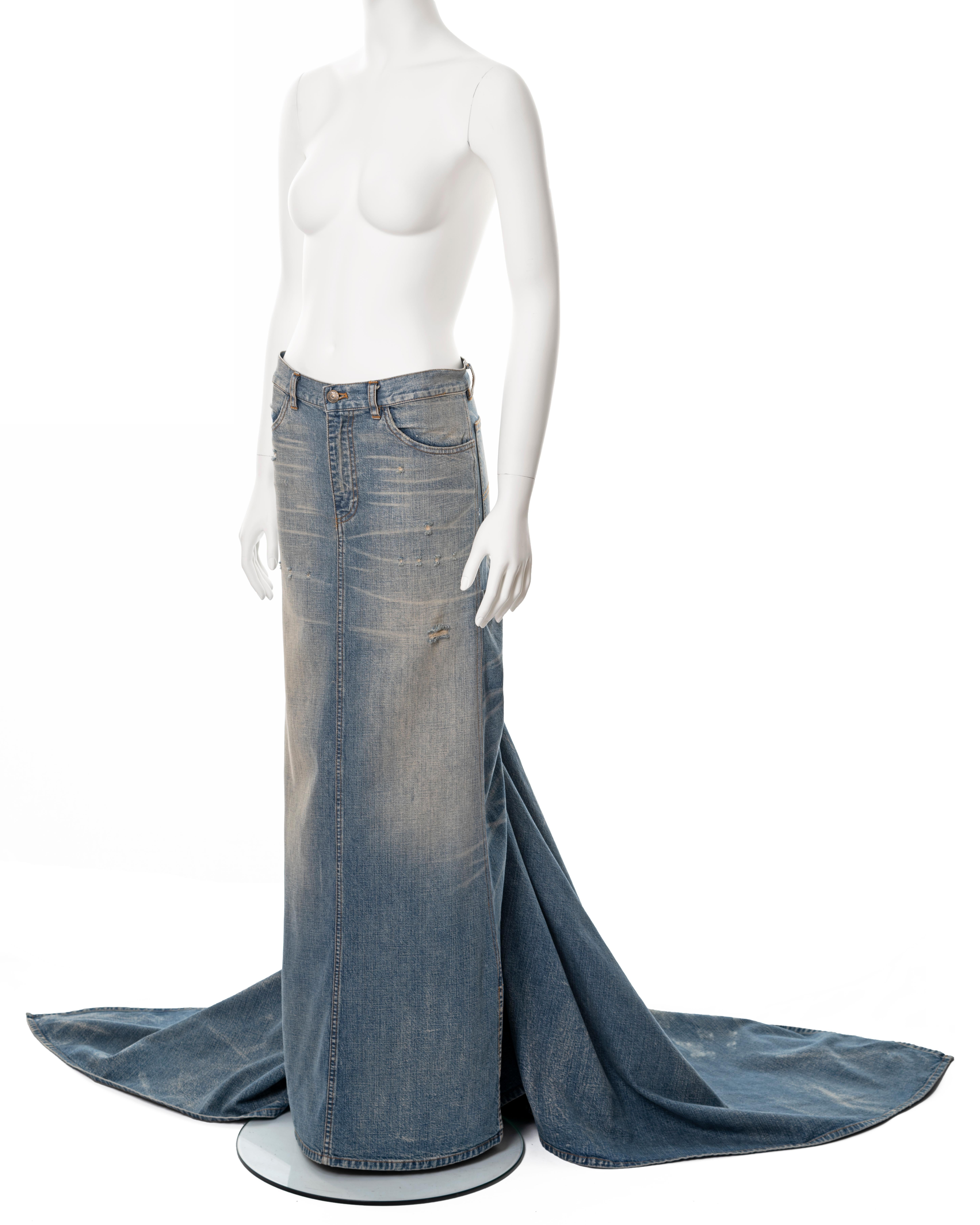 Ralph Lauren sandwashed denim maxi skirt with train, ss 2003 In Excellent Condition In London, GB