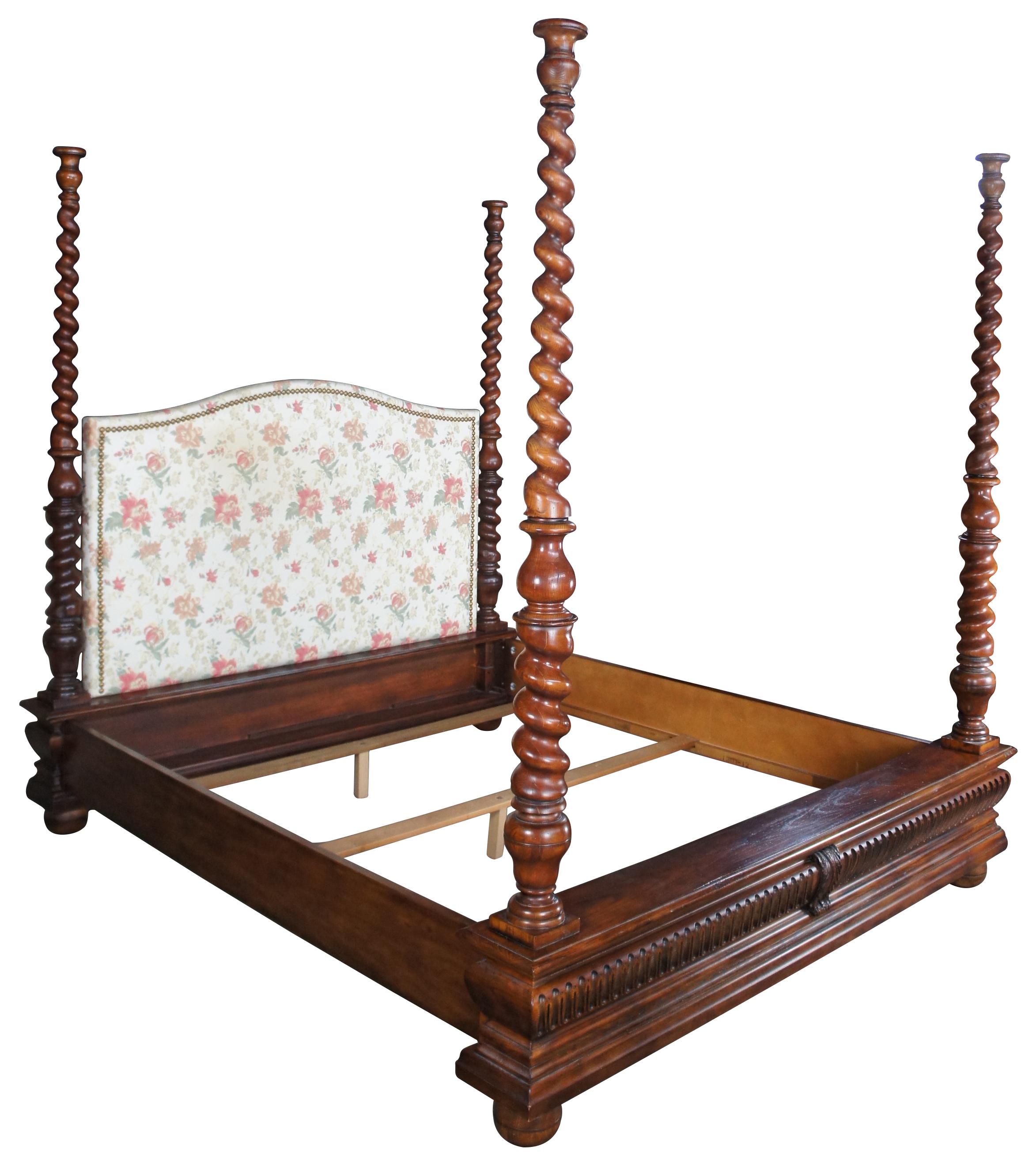 Henredon for Ralph Lauren 1301-12 sheltering sky king size poster bed. Made from oak with British Colonial / West Indies styling. Features ornately carved accents, robust barley twist posts, a floral upholstered camelback headboard with nailhead
