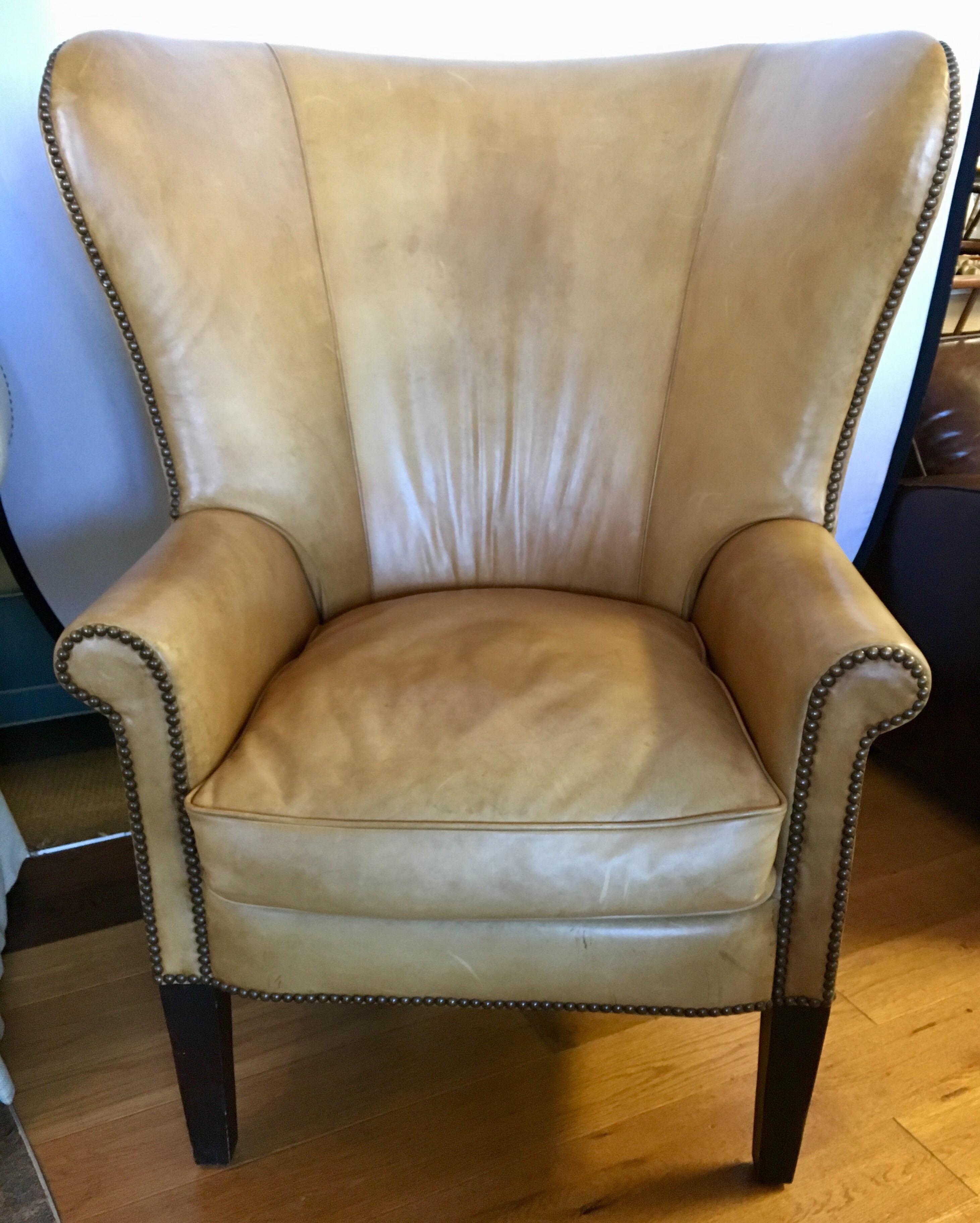 Ralph Lauren Signed Large Leather Nailhead Wingback Chair 13