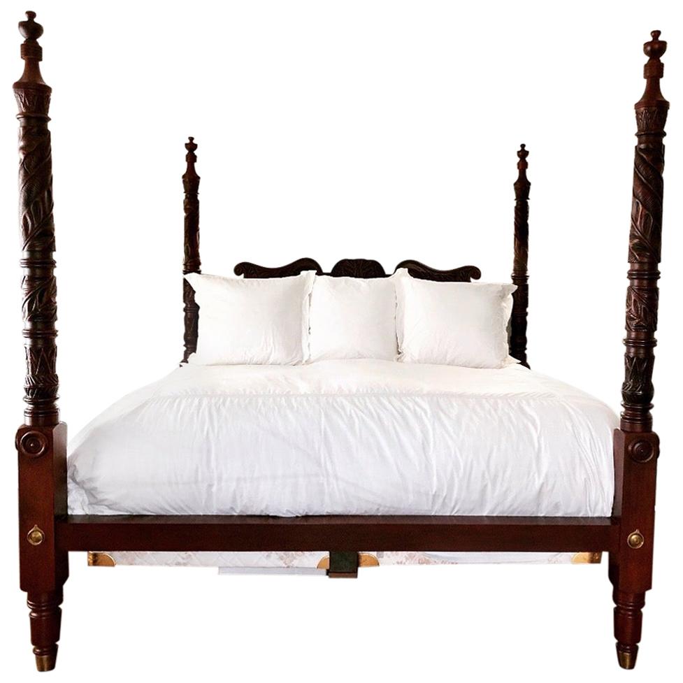 Ralph Lauren Signed Ornately Carved Mahogany Four Poster King Size Bed