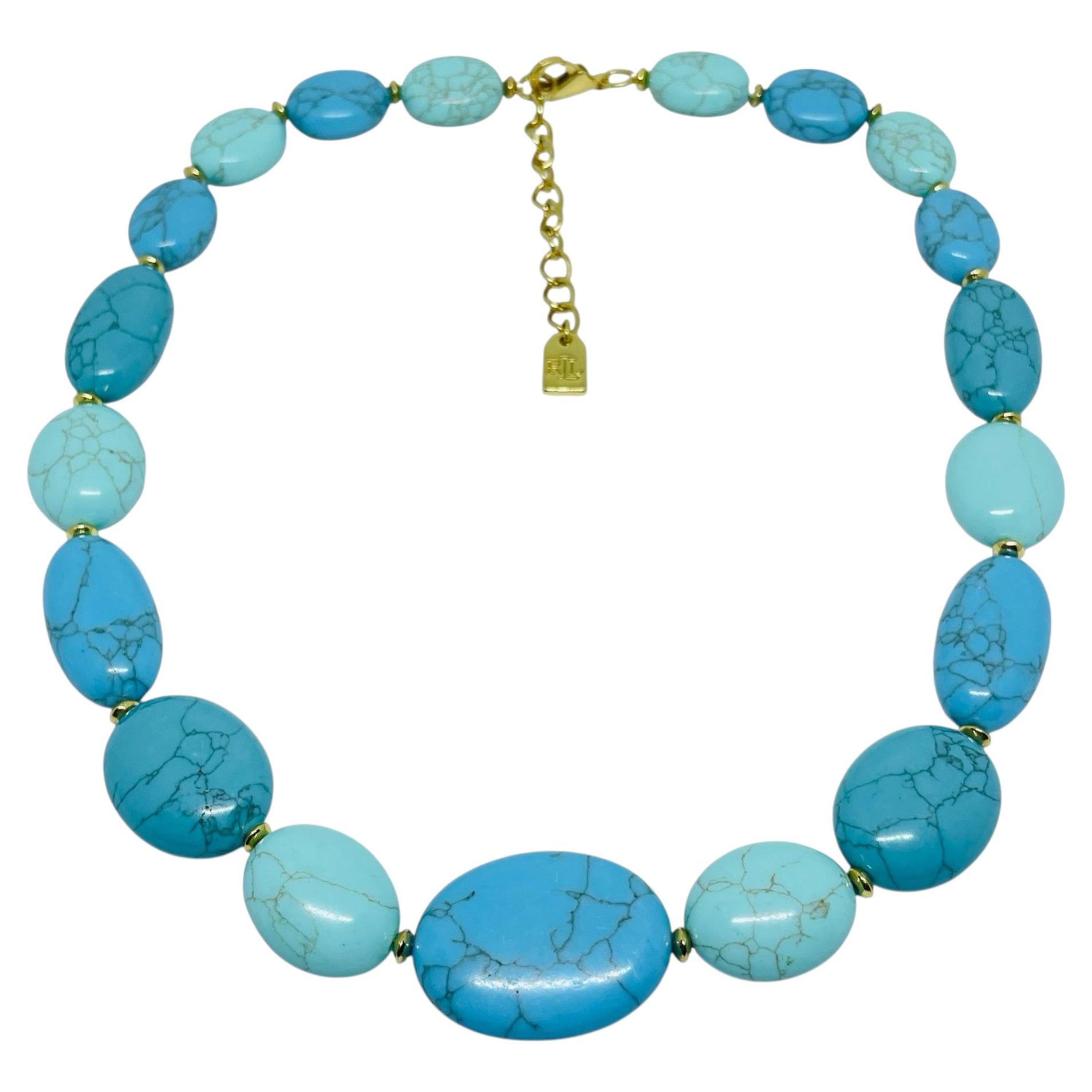 RALPH LAUREN signed vintage gold tone faux turquoise beads designer necklace