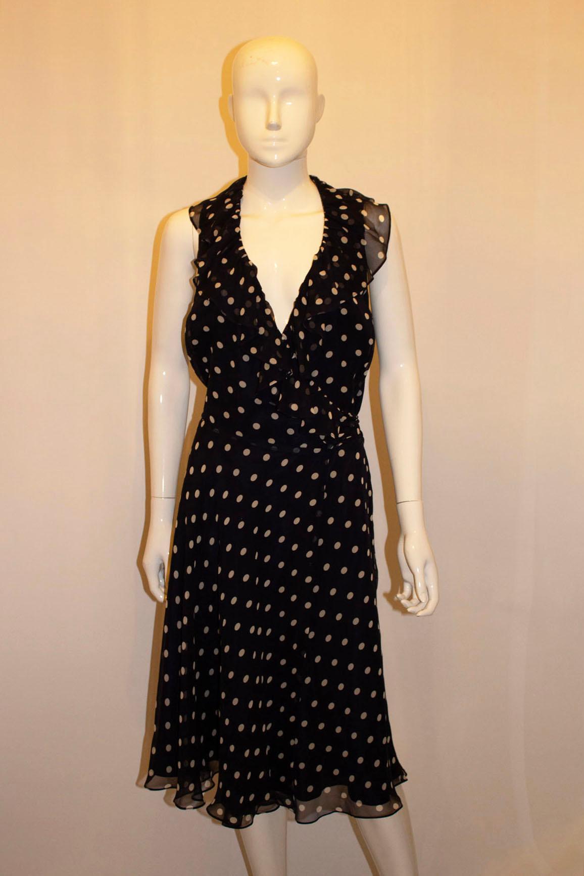 Black Ralph Lauren Silk  Blue and White Spot Dress For Sale