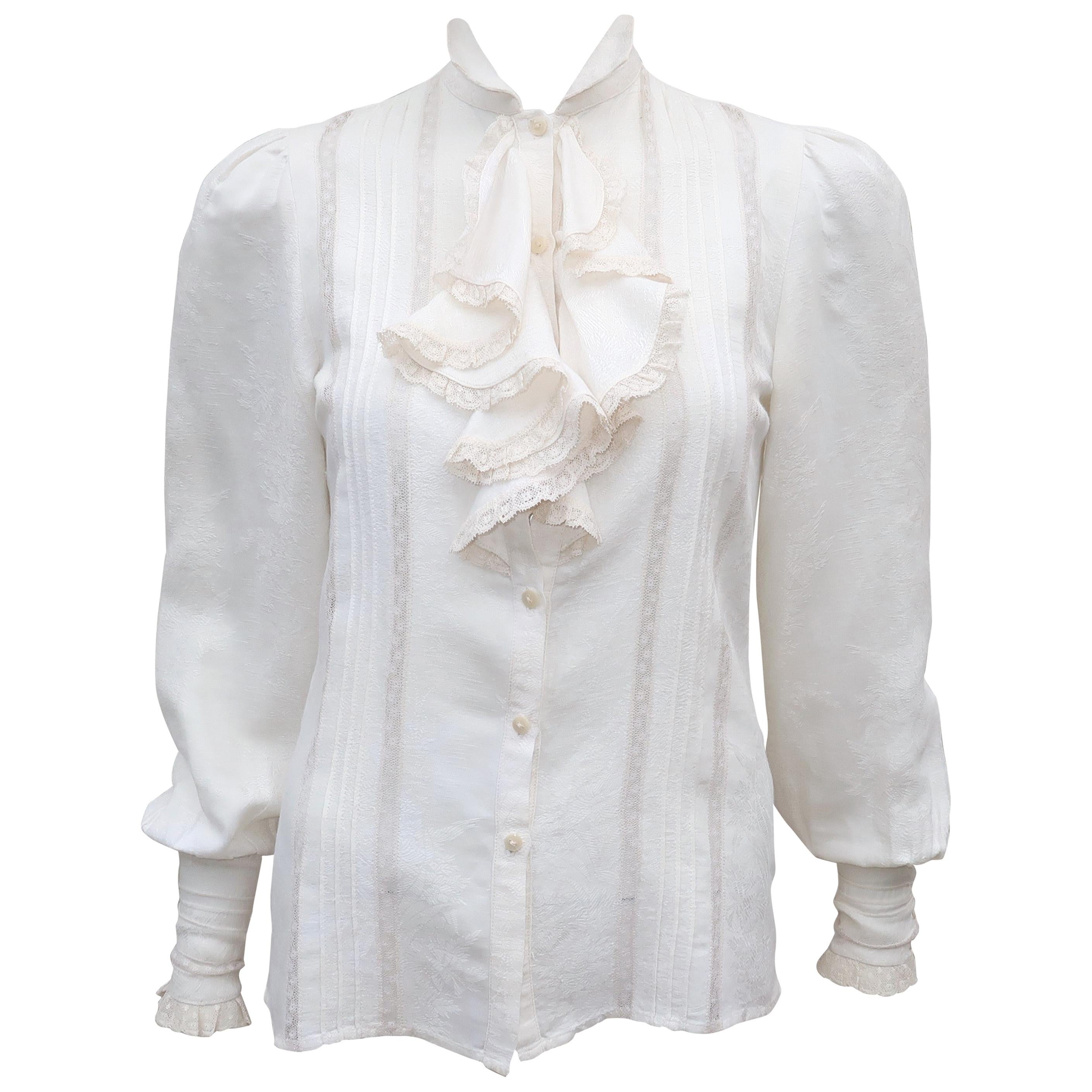 Ralph Lauren Silk and Cotton Jacquard Ruffled Lace Blouse, 1970's at 1stDibs
