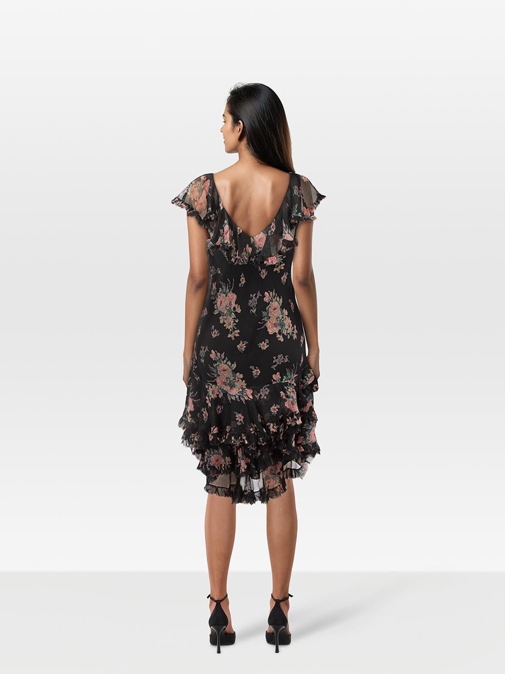 CONDITION is Very Good. Hardly any visible wear to the dress is evident on this used Ralph Lauren designer resale item.
 
 Details
 
 
 Multicolour
 
 Silk
 
 Dress
 
 Floral pattern
 
 Knee length
 
 Ruffle trim
 
 Short sleeves
 
 Sheer
 
 Raw