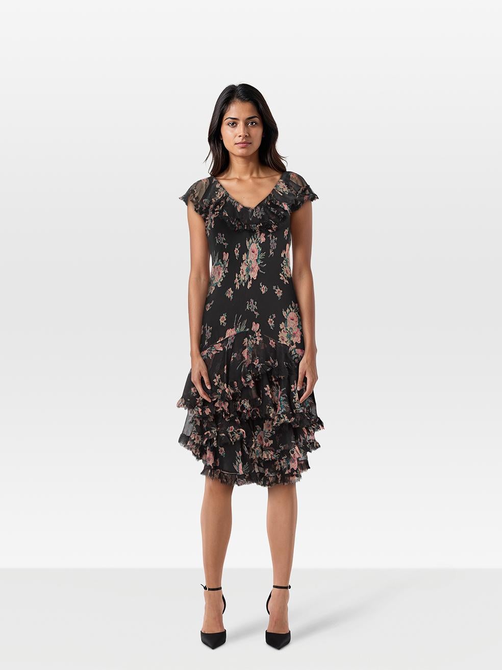 Ralph Lauren Silk Sheer Floral Ruffle Trim Dress Size M For Sale