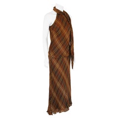 Ralph Lauren Silk Sleeveless Shirt and Maxi Skirt Set Brown Tartan