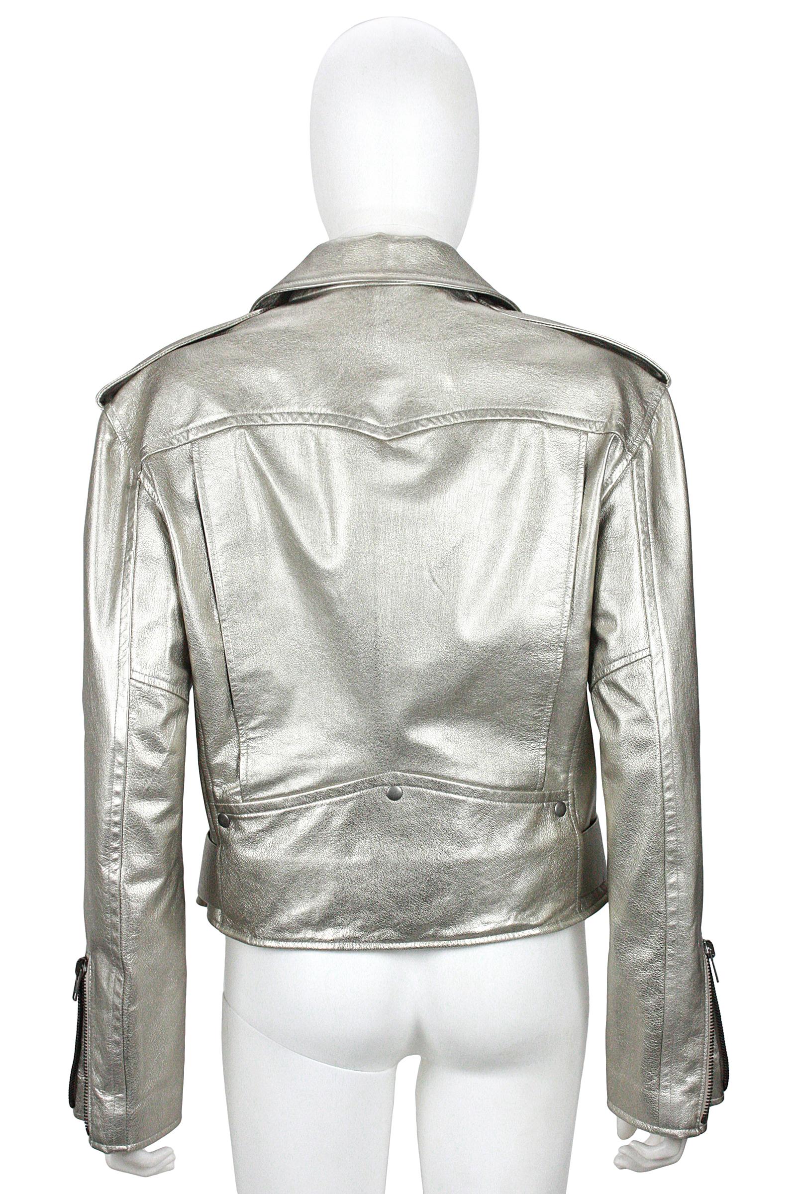 Ralph Lauren Silver Leather Motorcycle Jacket In Excellent Condition For Sale In Los Angeles, CA
