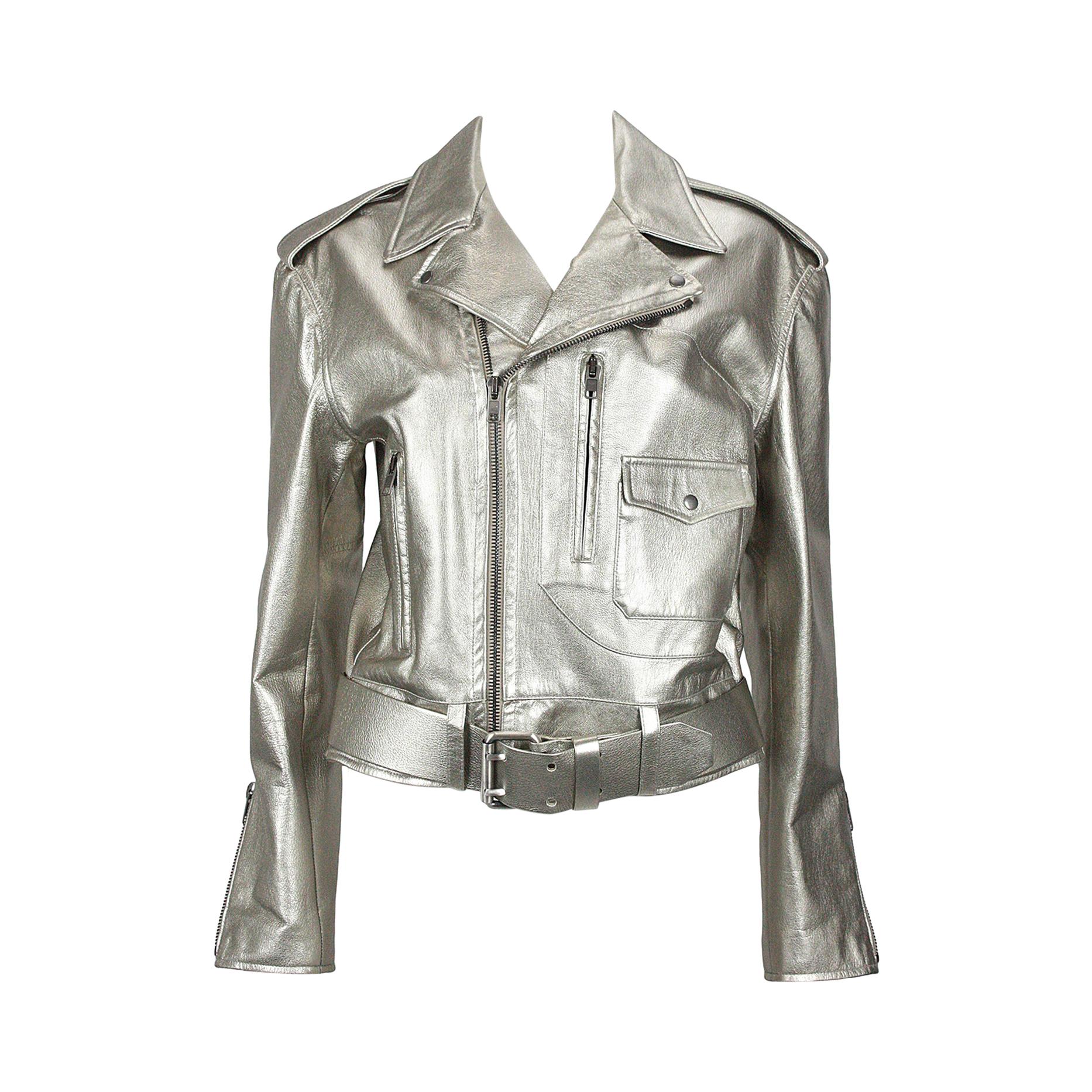 Ralph Lauren Silver Leather Motorcycle Jacket For Sale
