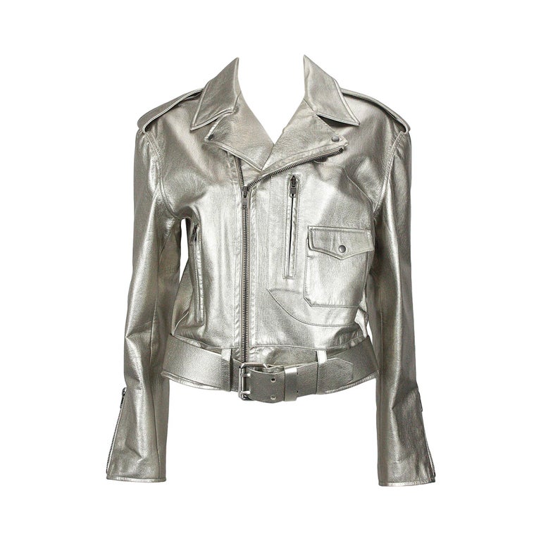 Ralph Lauren Silver Leather Motorbike Jacket For Sale at 1stDibs