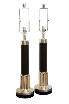 Ralph Lauren Signed Silver-Plated, Metal and Black Wood Lamps, 1990's
