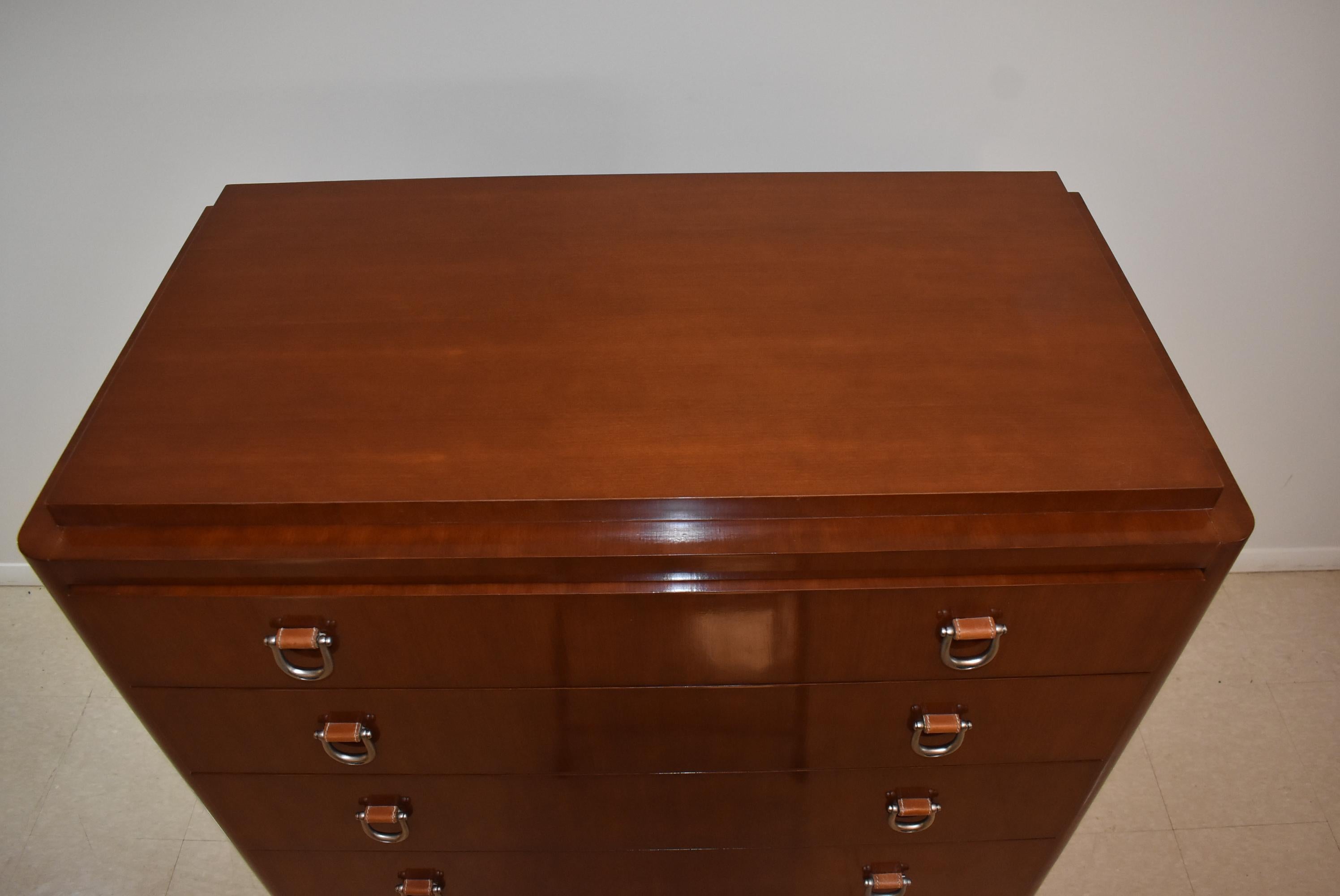 Ralph Lauren six-drawer tall chest with stirrup shaped nickel with leather hardware.