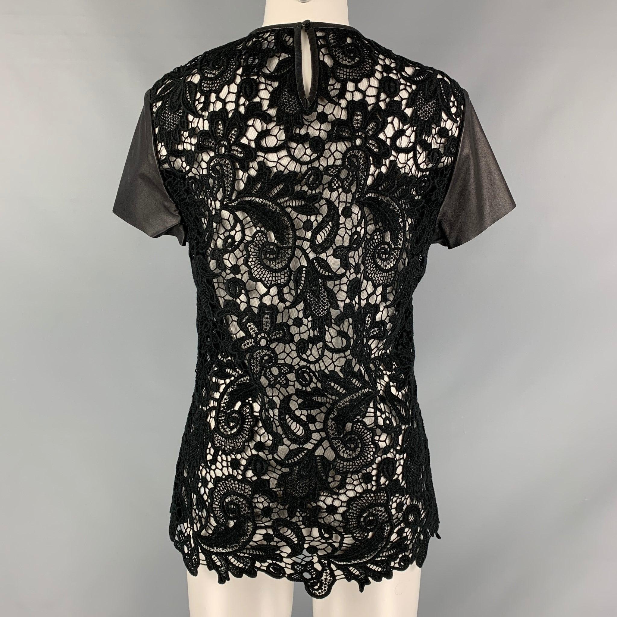 RALPH LAUREN Size 10 Black Guipure  Cotton Leather Trim Short Sleeve Dress Top In Excellent Condition For Sale In San Francisco, CA