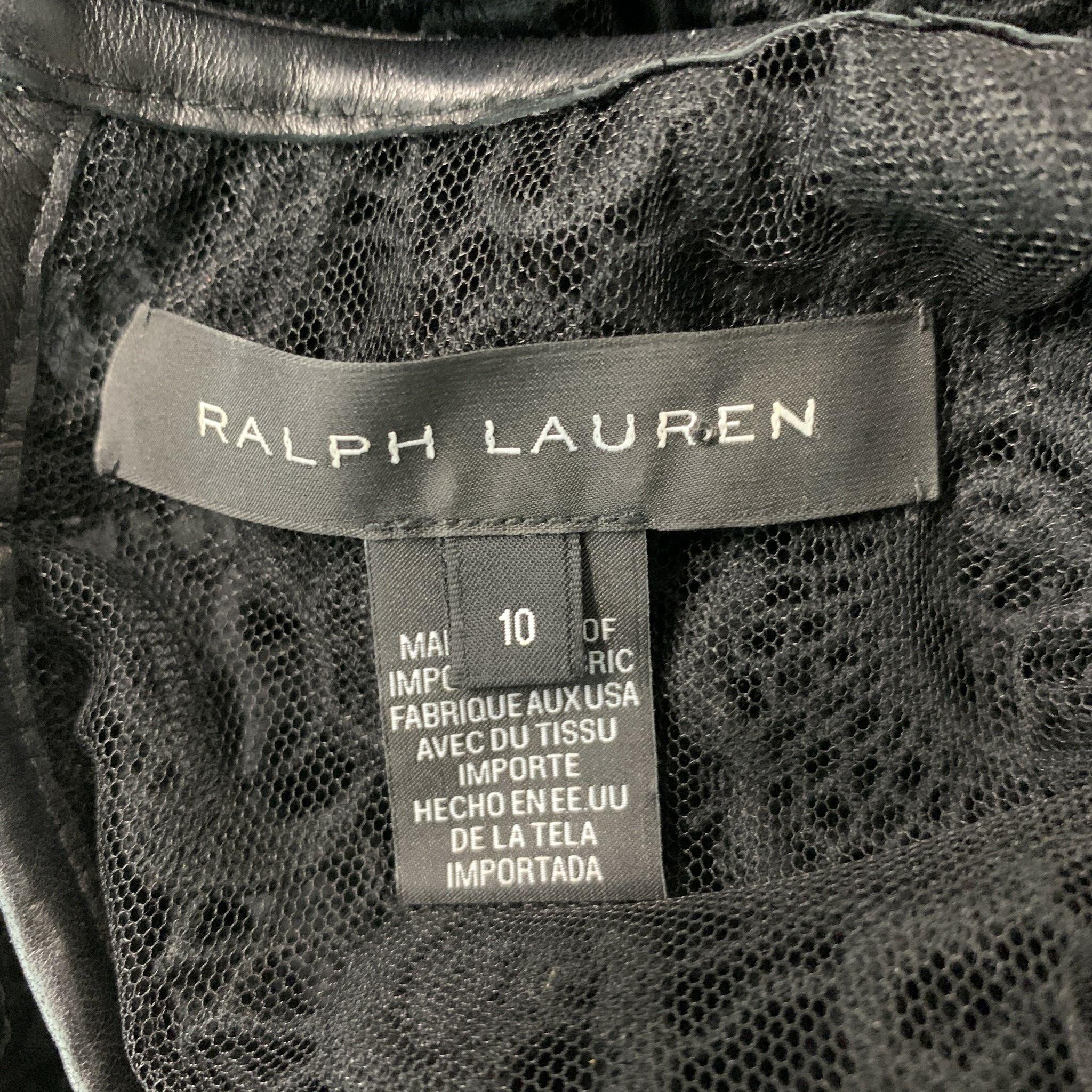 Women's RALPH LAUREN Size 10 Black Guipure  Cotton Leather Trim Short Sleeve Dress Top For Sale