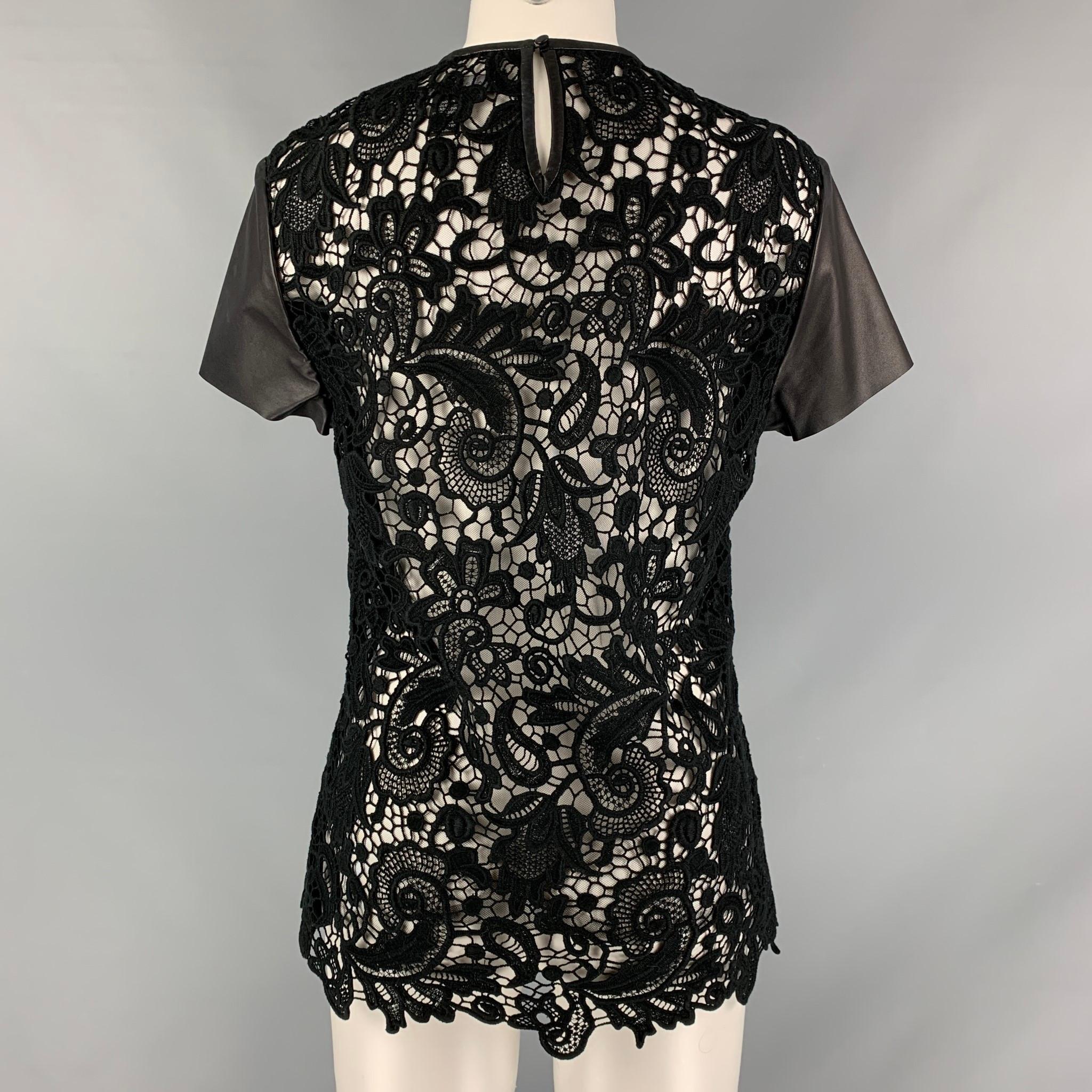 Women's RALPH LAUREN Size 10 Black Guipure Cotton Leather Trim Short Sleeve Dress Top