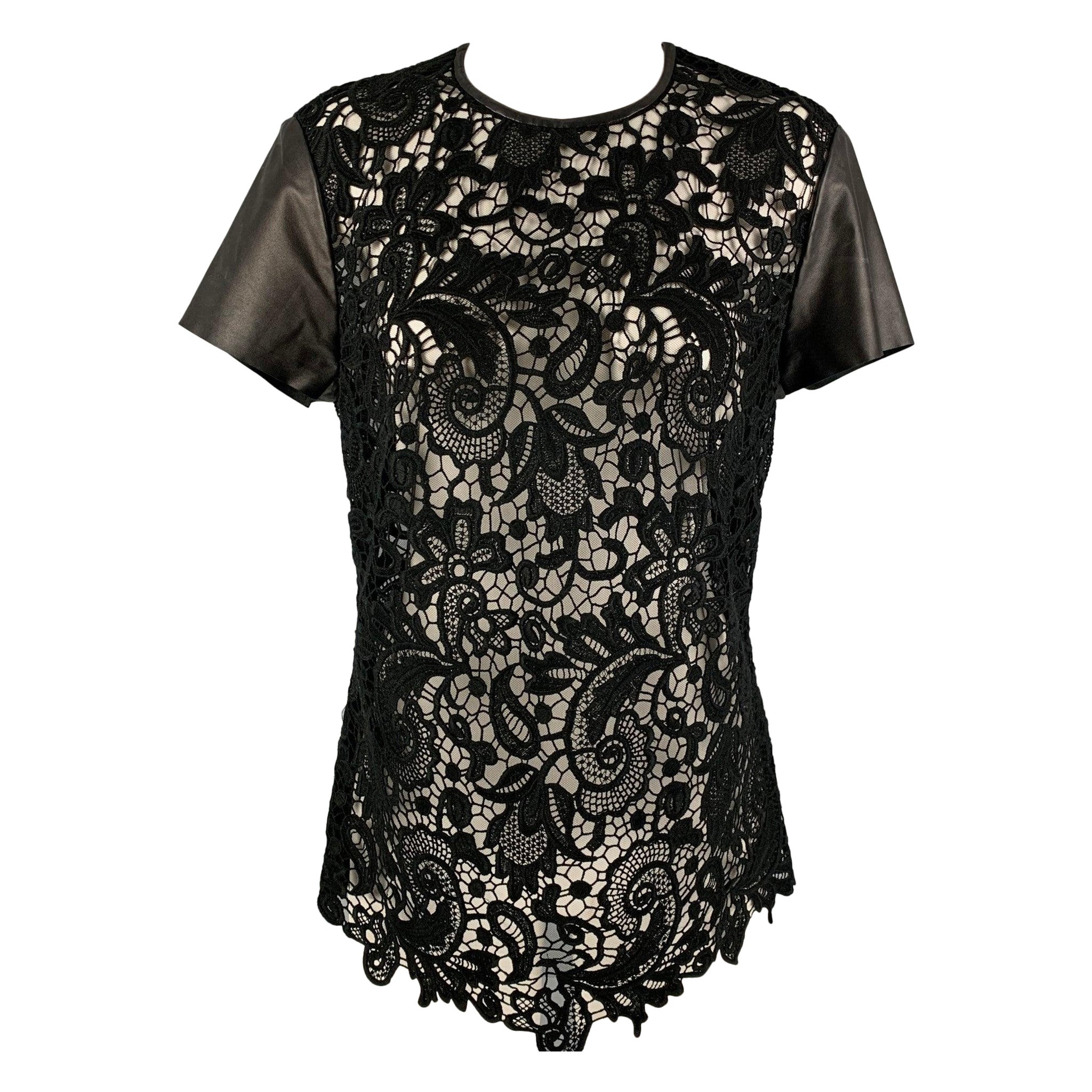 RALPH LAUREN Talla 10 Guipur Negro  Vestido de manga corta de algodón con ribetes de piel