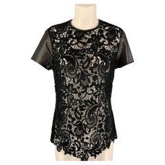 RALPH LAUREN Size 10 Black Guipure Cotton Leather Trim Short Sleeve Dress Top