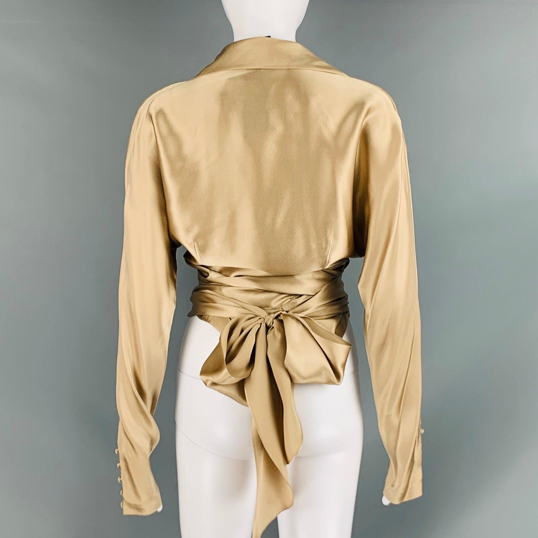 RALPH LAUREN Size 10 Champagne Silk Solid Wrap Around Blouse In Excellent Condition For Sale In San Francisco, CA