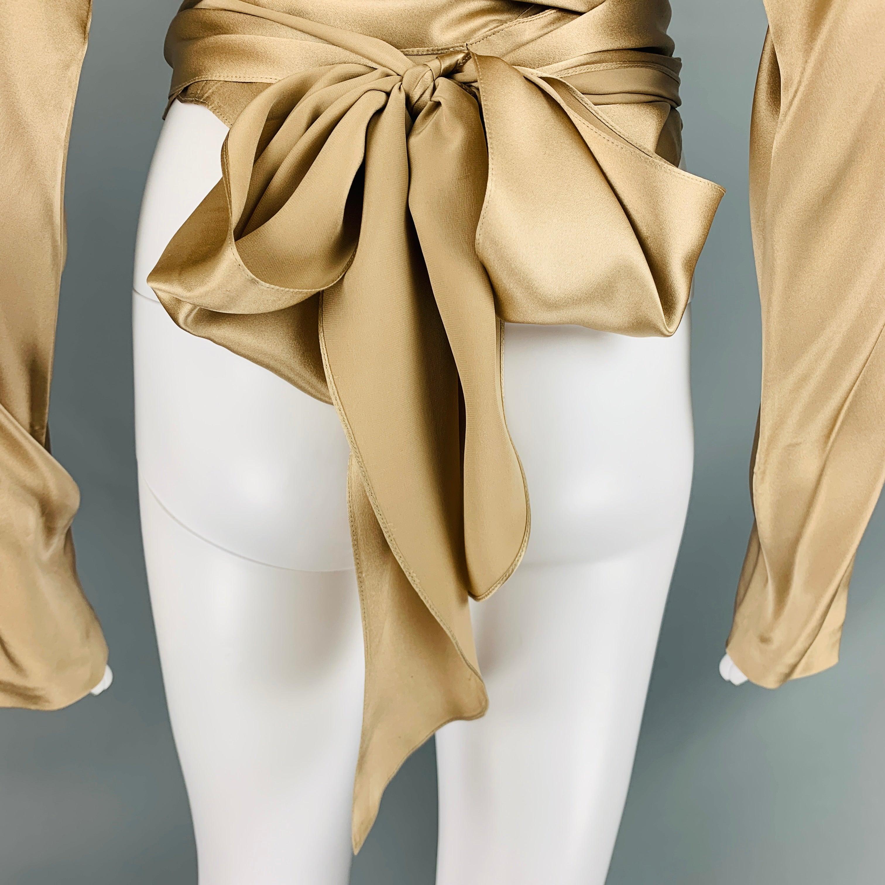 RALPH LAUREN Größe 10 Champagnerfarbene Bluse aus massiver Seide mit Wickelumrandung Damen im Angebot