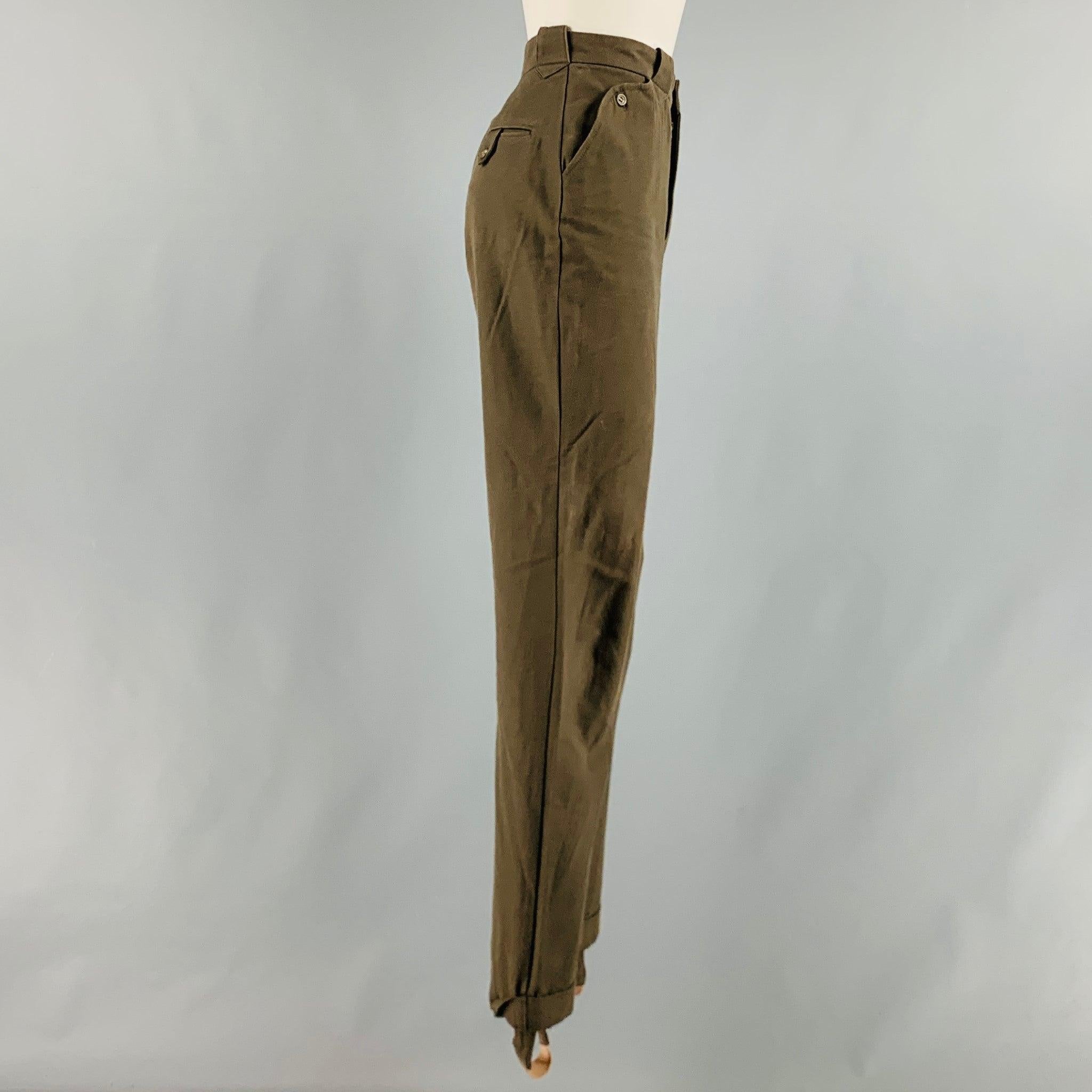 RALPH LAUREN COUNTRY casual pants comes in a green olive cotton twill featuring brown suede patch details, cuffed removable jodhpur, high waist, and a zip fly closure. Made in USA.Excellent Pre-Owned Condition. 

Marked:   10 

Measurements: 
 