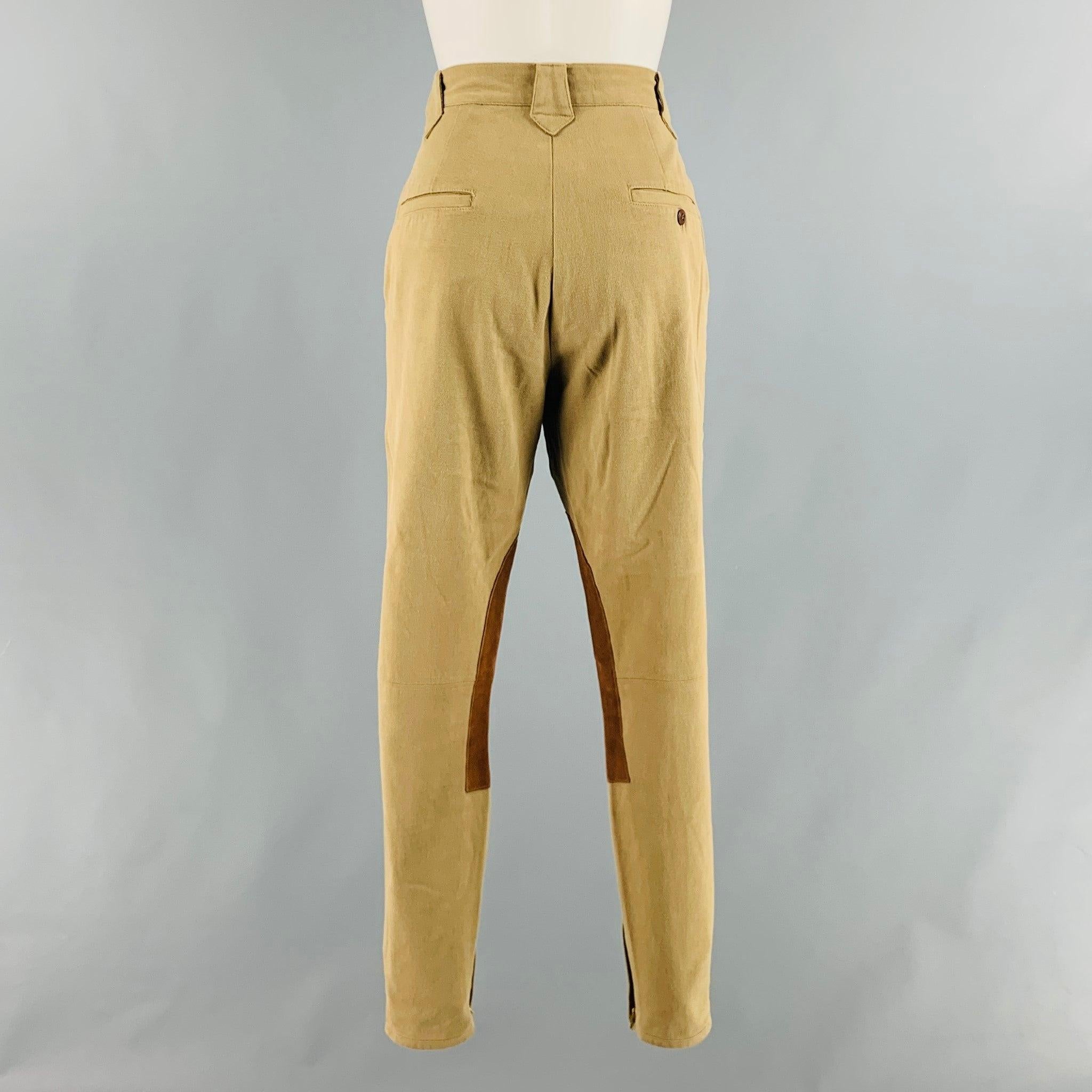 RALPH LAUREN Size 10 Khaki Brown Cotton Lycra Patchwork Suede Casual Pants In Excellent Condition For Sale In San Francisco, CA