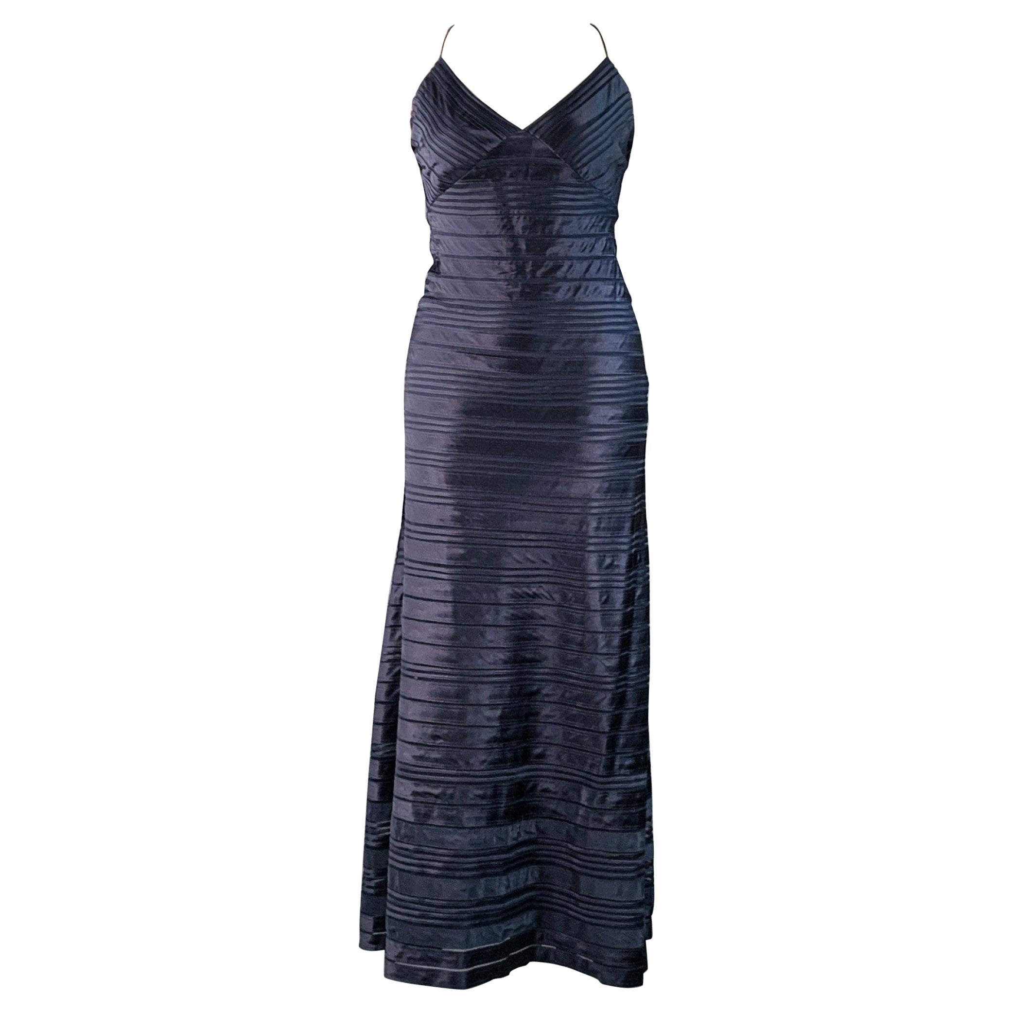 RALPH LAUREN Größe 10 Marineblau Satin Streifen Riemchen Langes Abendkleid im Angebot