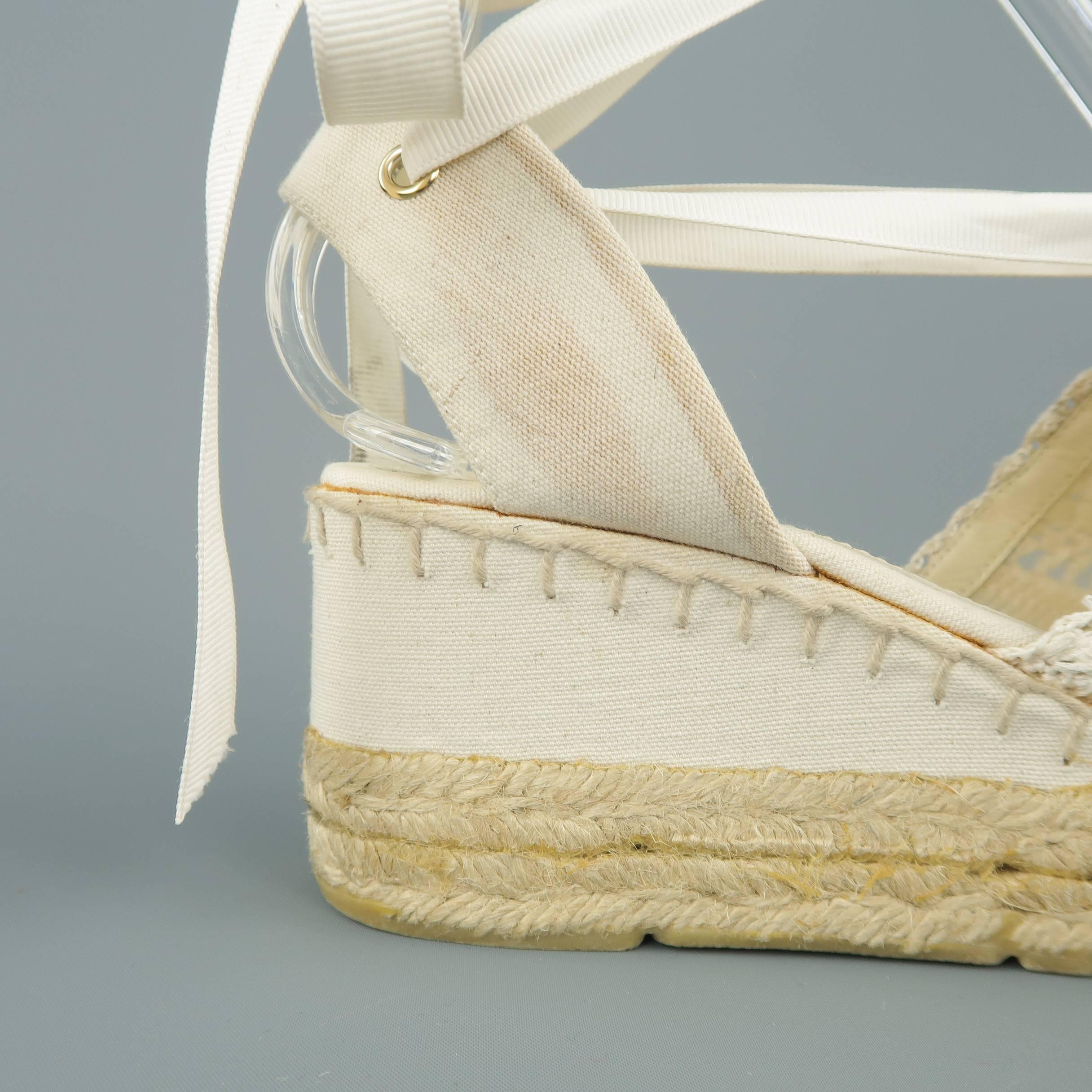 RALPH LAUREN Size 10 Off White Knit Ankle Strap Espadrille Wedges In Fair Condition In San Francisco, CA