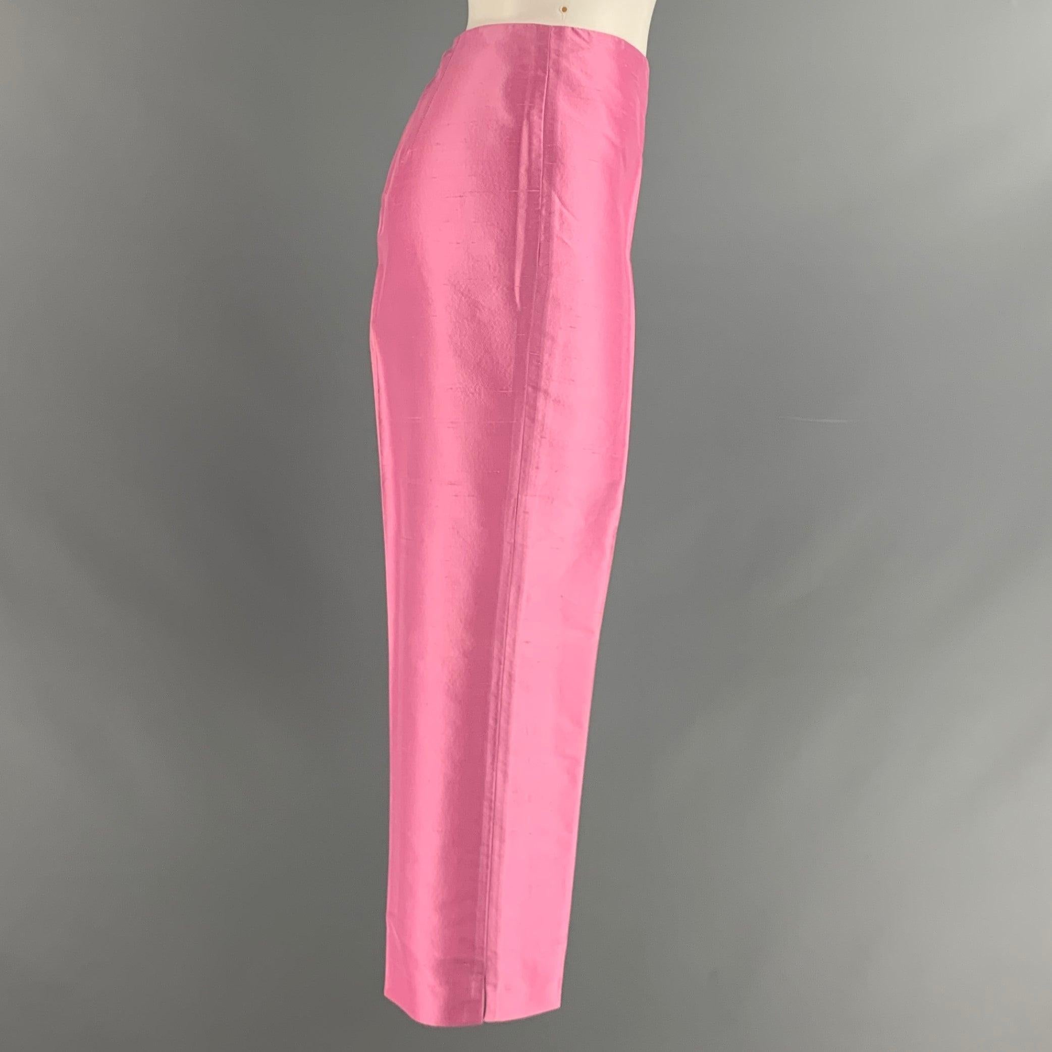RALPH LAUREN dress pants comes in a pink silk woven material featuring a flat front, cropped leg, and a back zip closure. Made in USA.Excellent Pre-Owned Condition. 

Marked:   10 

Measurements: 
  Waist: 33 inches Rise: 10 inches Inseam: 23 inches