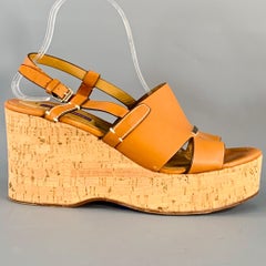 RALPH LAUREN Size 10 Tan Beige Leather Slingback Platform Wedge Sandals