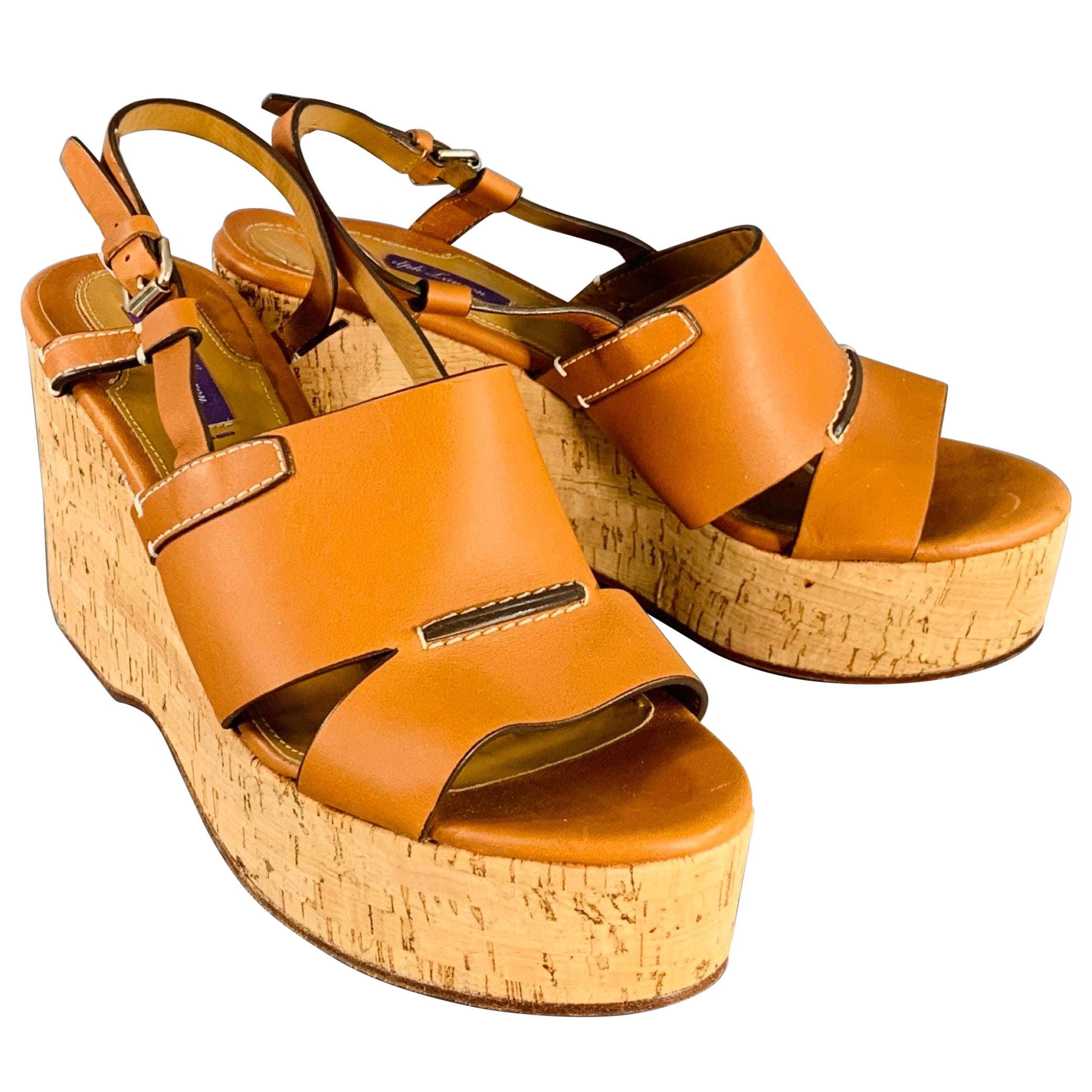 RALPH LAUREN Taille 10 Tan Beige Leather Slingback Platform Wedge Sandals en vente